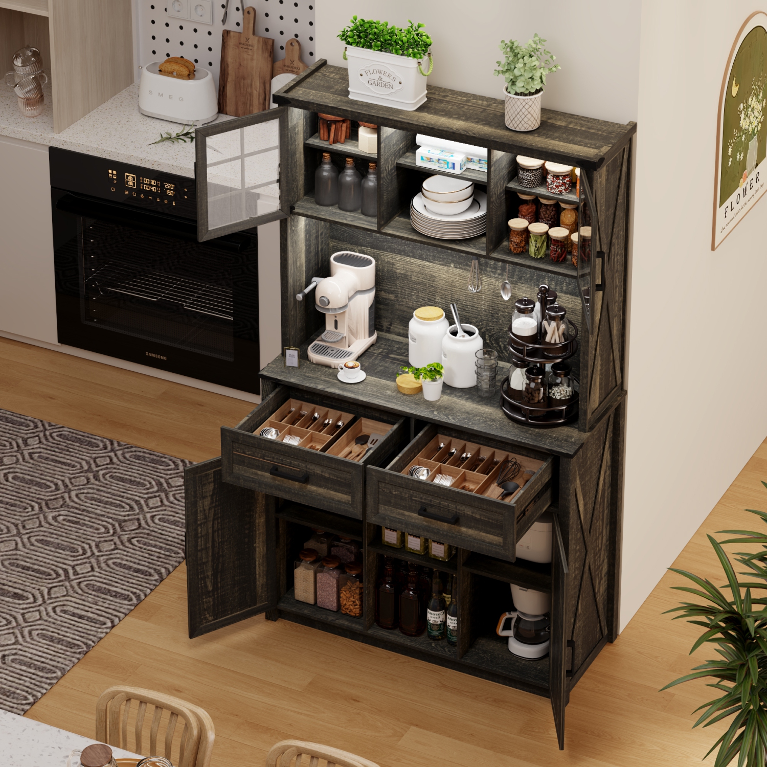 Vlsrka 67 " Farmhosue Bar Cabinet with LED Lights & Power Outlets, Large Kitchen Buffet with Hutch & 2 Large Drawers, 8 Storage Shelves, Rustic