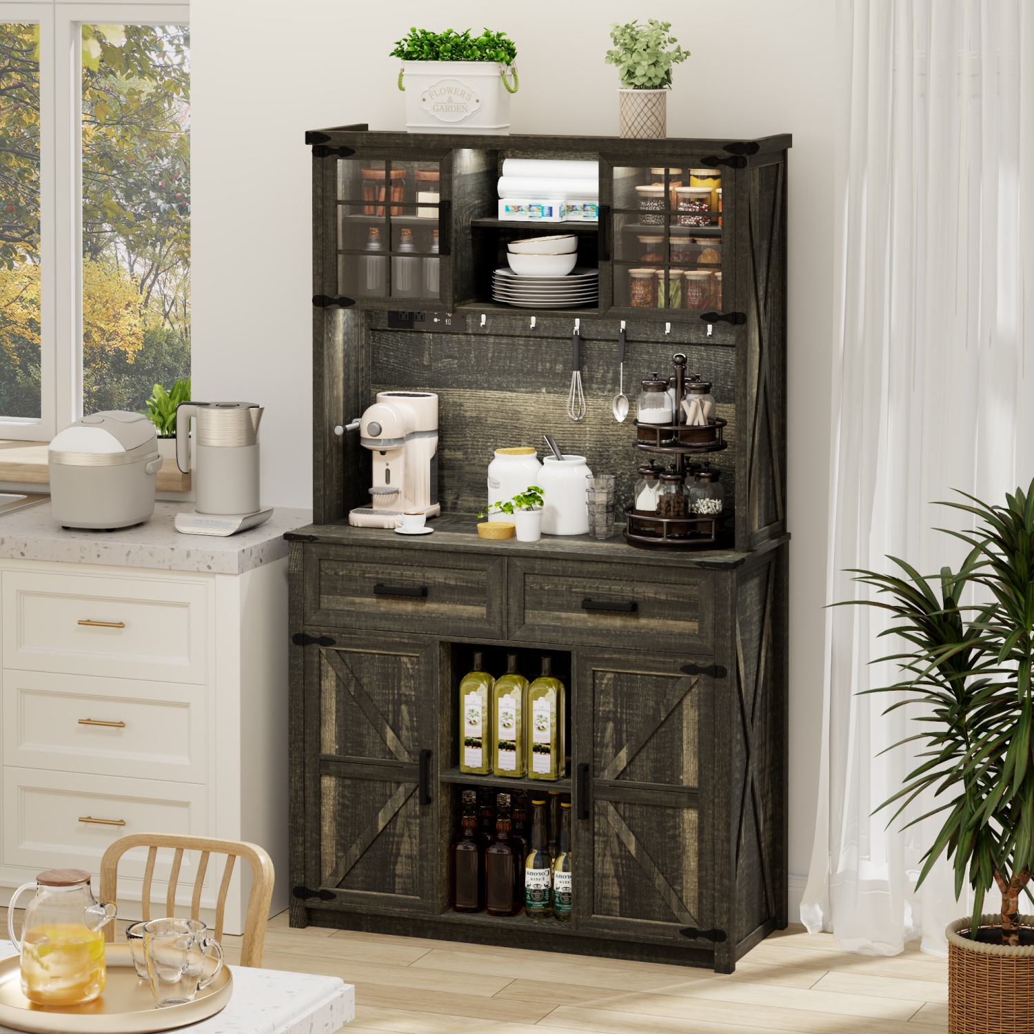 Vlsrka 67 " Farmhosue Bar Cabinet with LED Lights & Power Outlets, Large Kitchen Buffet with Hutch & 2 Large Drawers, 8 Storage Shelves, Rustic