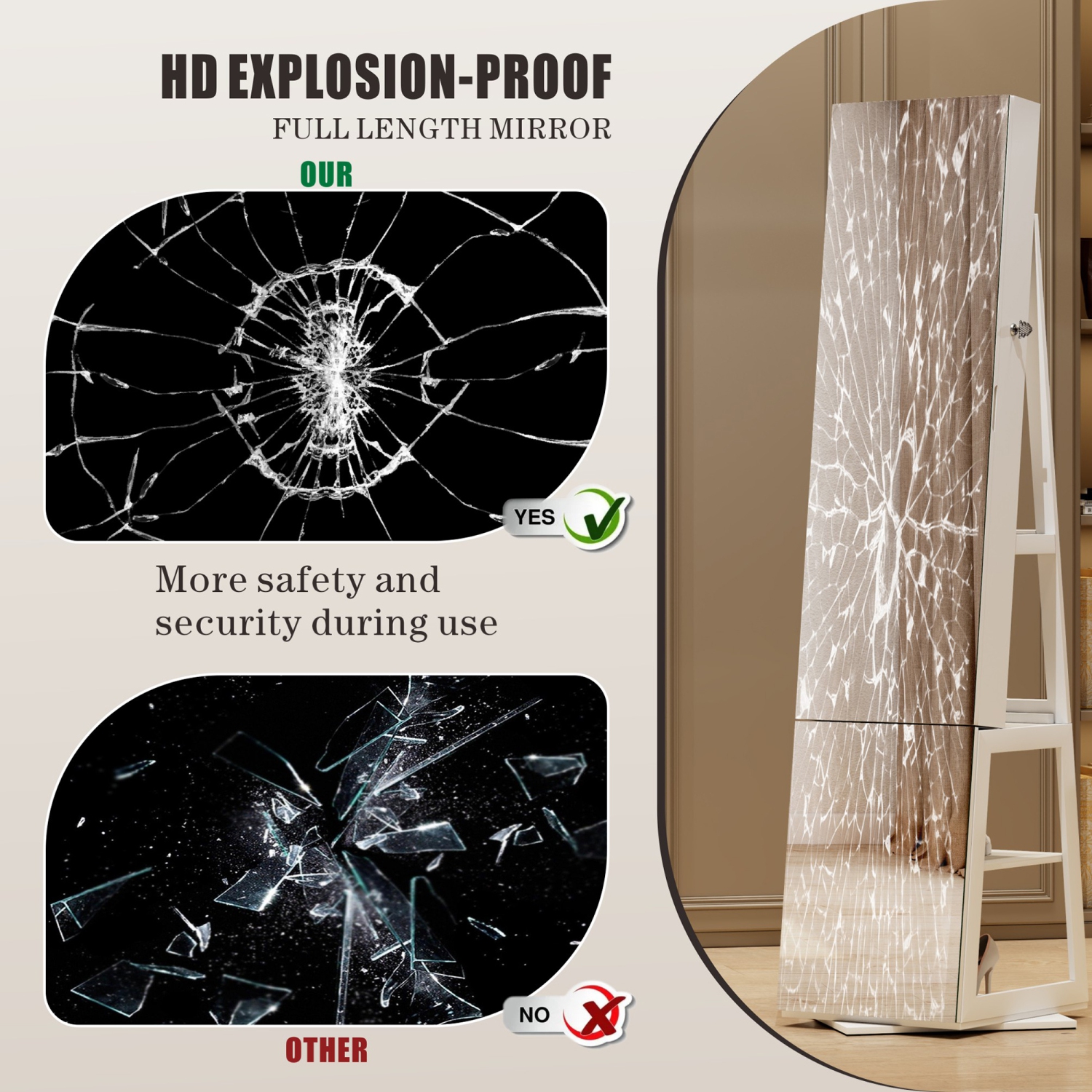 Miroir pleine longueur Vlsrka avec rangement à bijoux, armoire à bijoux pivotante à 360° avec armoire à bijoux miroir debout, miroir avec rangement