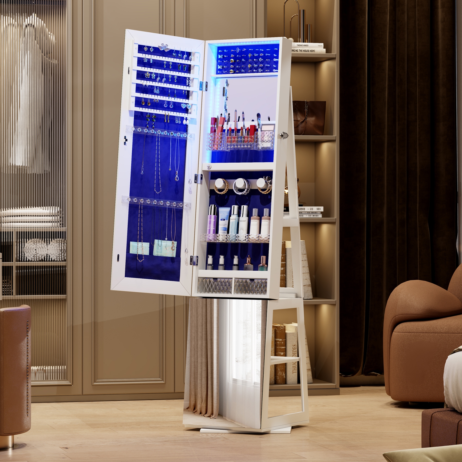 Miroir pleine longueur Vlsrka avec rangement à bijoux, armoire à bijoux pivotante à 360° avec armoire à bijoux miroir debout, miroir avec rangement