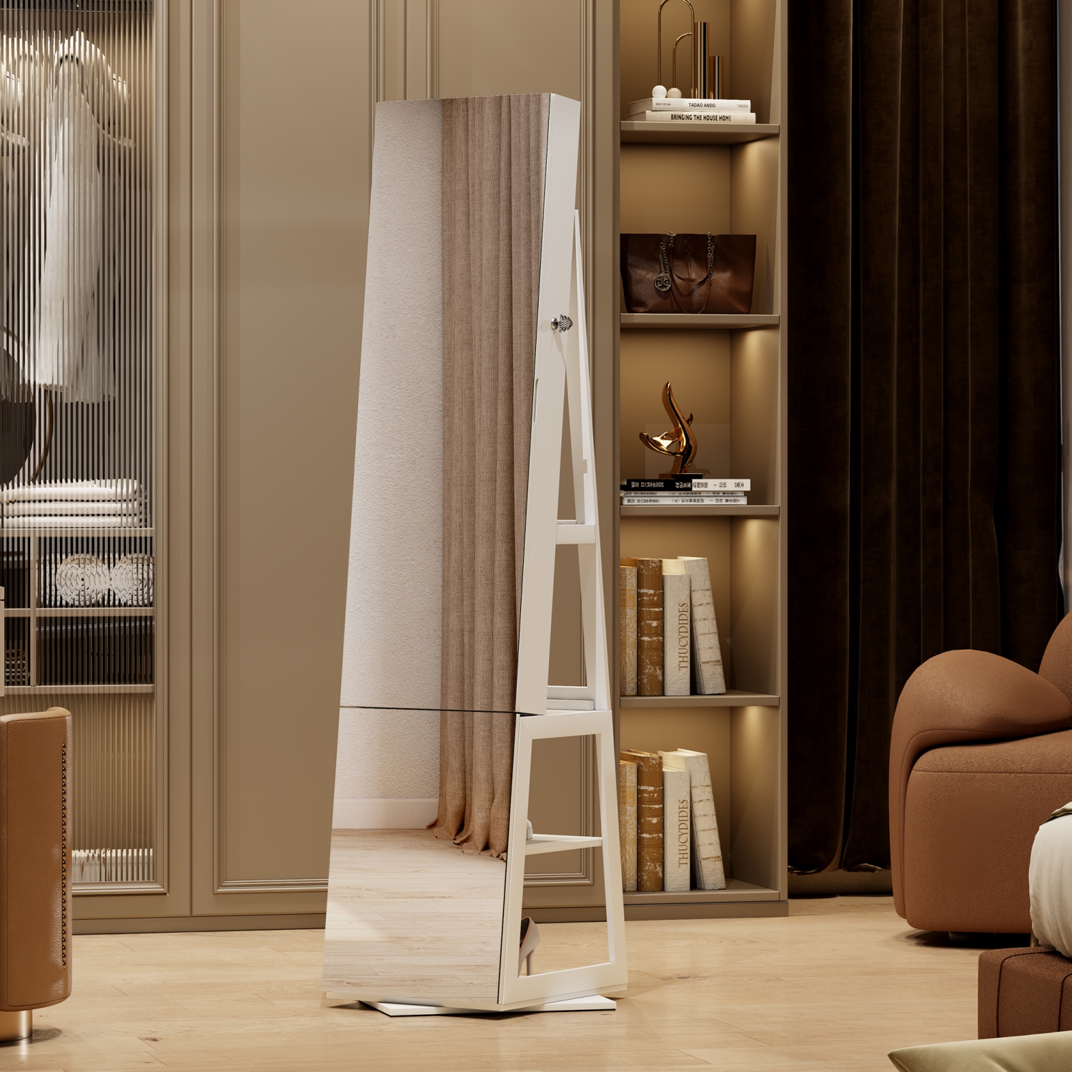 Miroir pleine longueur Vlsrka avec rangement à bijoux, armoire à bijoux pivotante à 360° avec armoire à bijoux miroir debout, miroir avec rangement