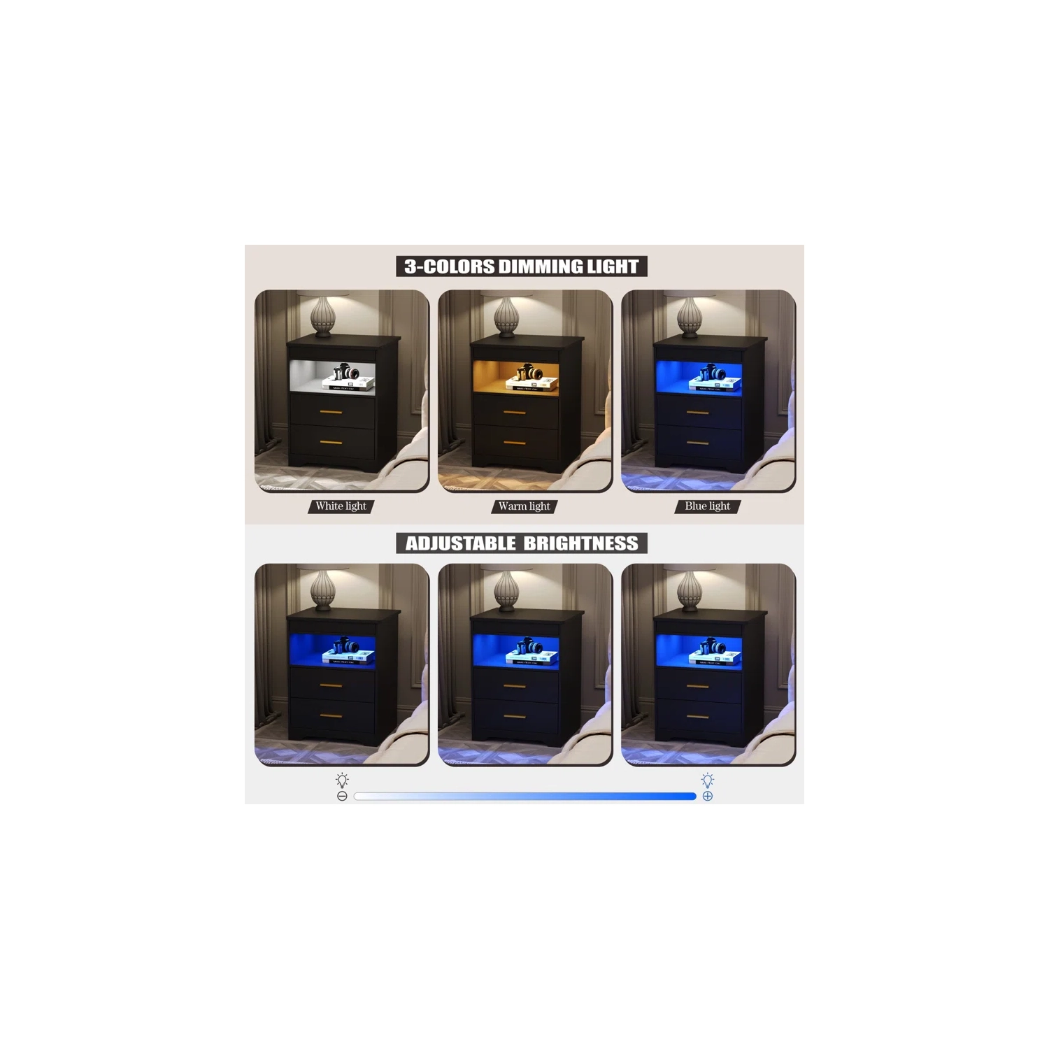 Vlsrka Night Stand with Gun Drawer, Charging Bedside Table with USB & Type-C Port, LED Nightstand with Human Sensor Light, Modern End Table with