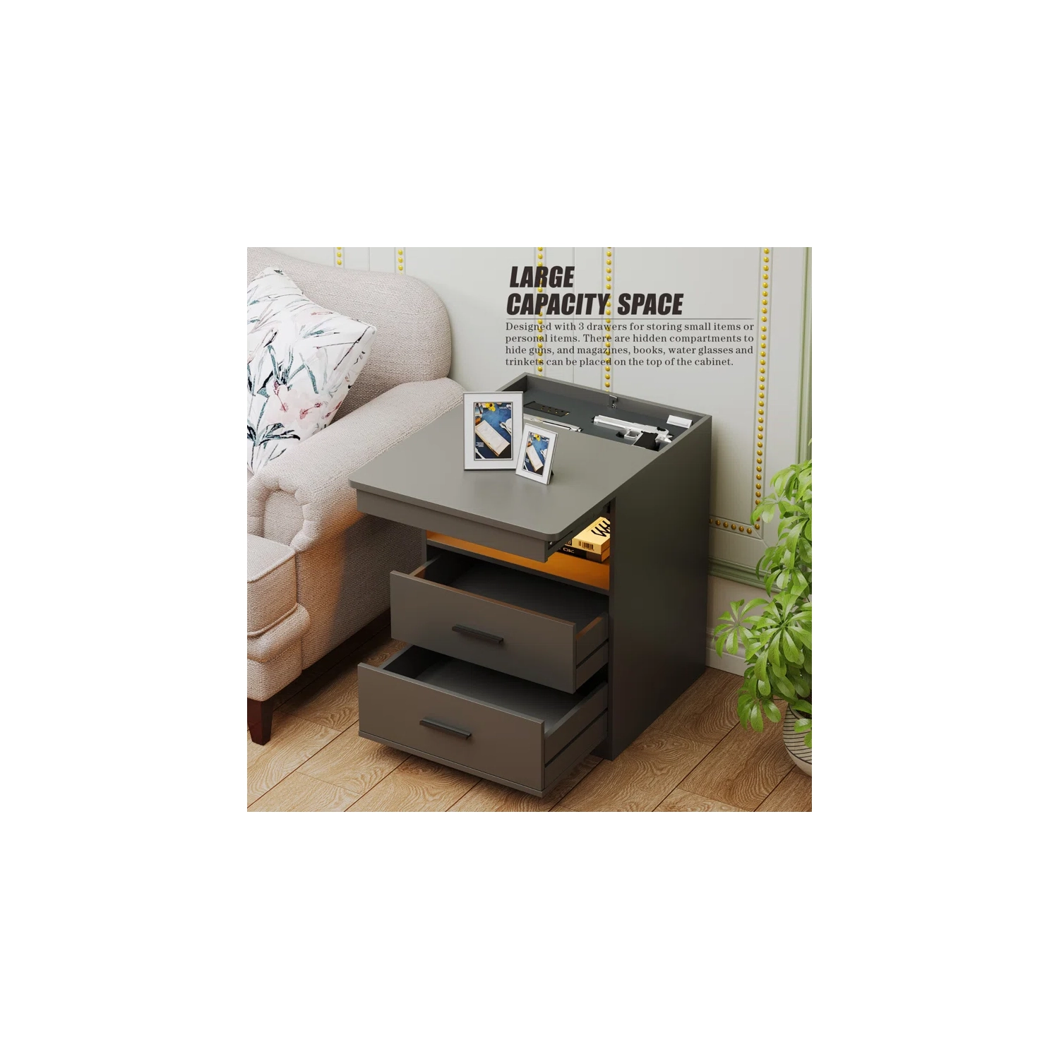 Vlsrka Night Stand with Gun Drawer, Charging Bedside Table with USB & Type-C Port, LED Nightstand with Human Sensor Light, Modern End Table with