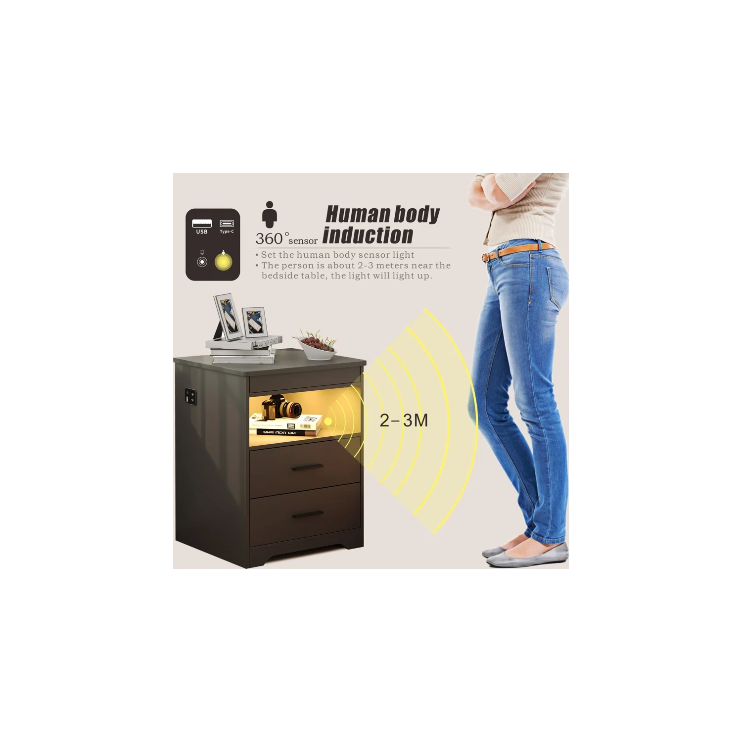 Vlsrka Night Stand with Gun Drawer, Charging Bedside Table with USB & Type-C Port, LED Nightstand with Human Sensor Light, Modern End Table with