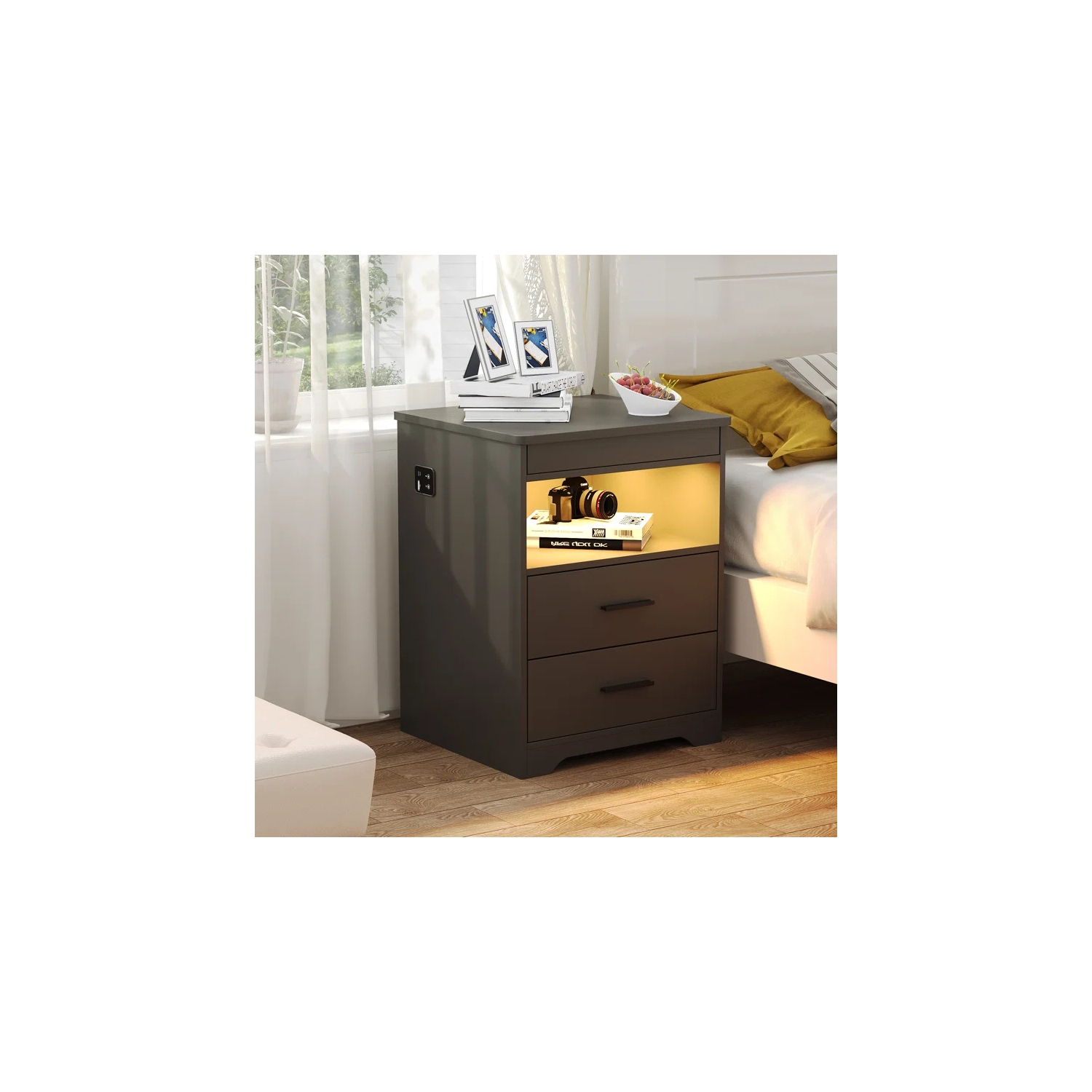 Vlsrka Night Stand with Gun Drawer, Charging Bedside Table with USB & Type-C Port, LED Nightstand with Human Sensor Light, Modern End Table with