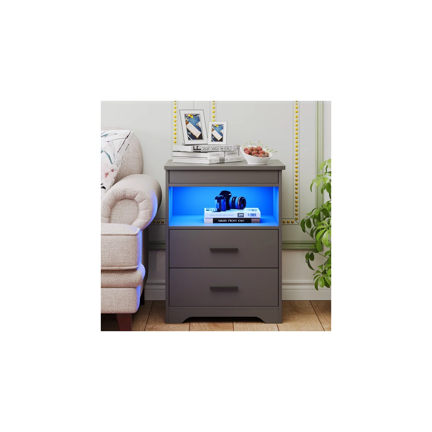 Vlsrka Night Stand with Gun Drawer, Charging Bedside Table with USB & Type-C Port, LED Nightstand with Human Sensor Light, Modern End Table with