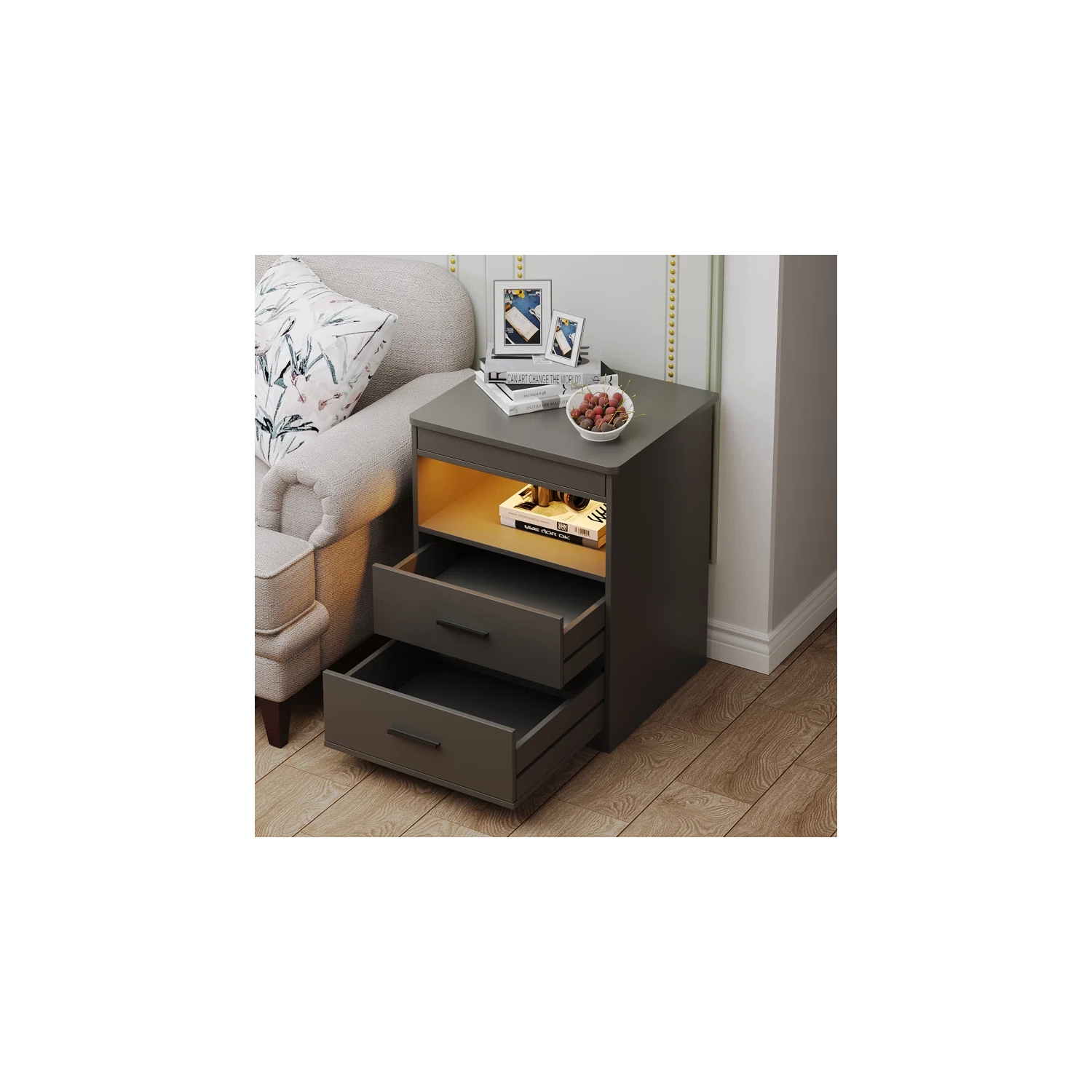 Vlsrka Night Stand with Gun Drawer, Charging Bedside Table with USB & Type-C Port, LED Nightstand with Human Sensor Light, Modern End Table with