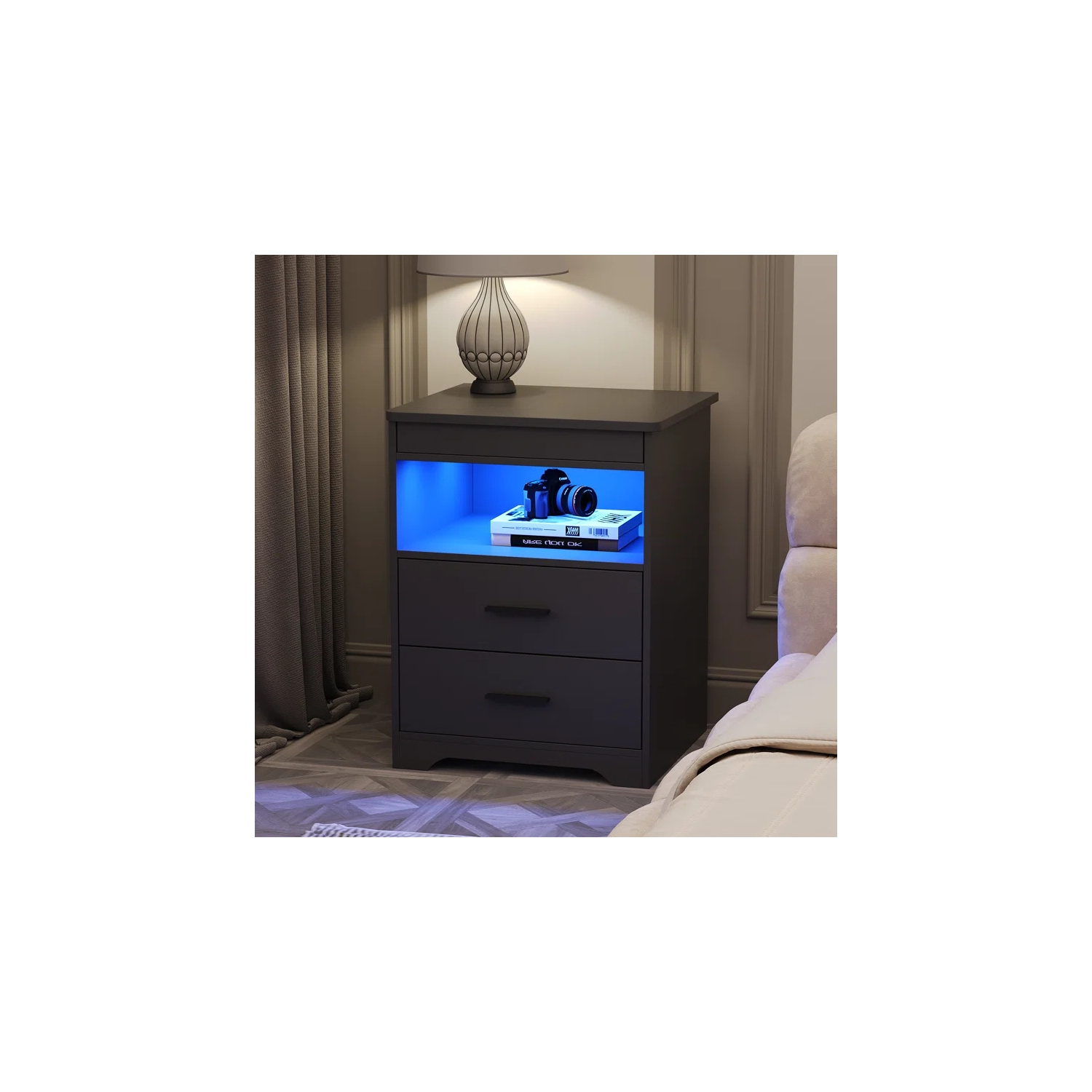 Vlsrka Night Stand with Gun Drawer, Charging Bedside Table with USB & Type-C Port, LED Nightstand with Human Sensor Light, Modern End Table with