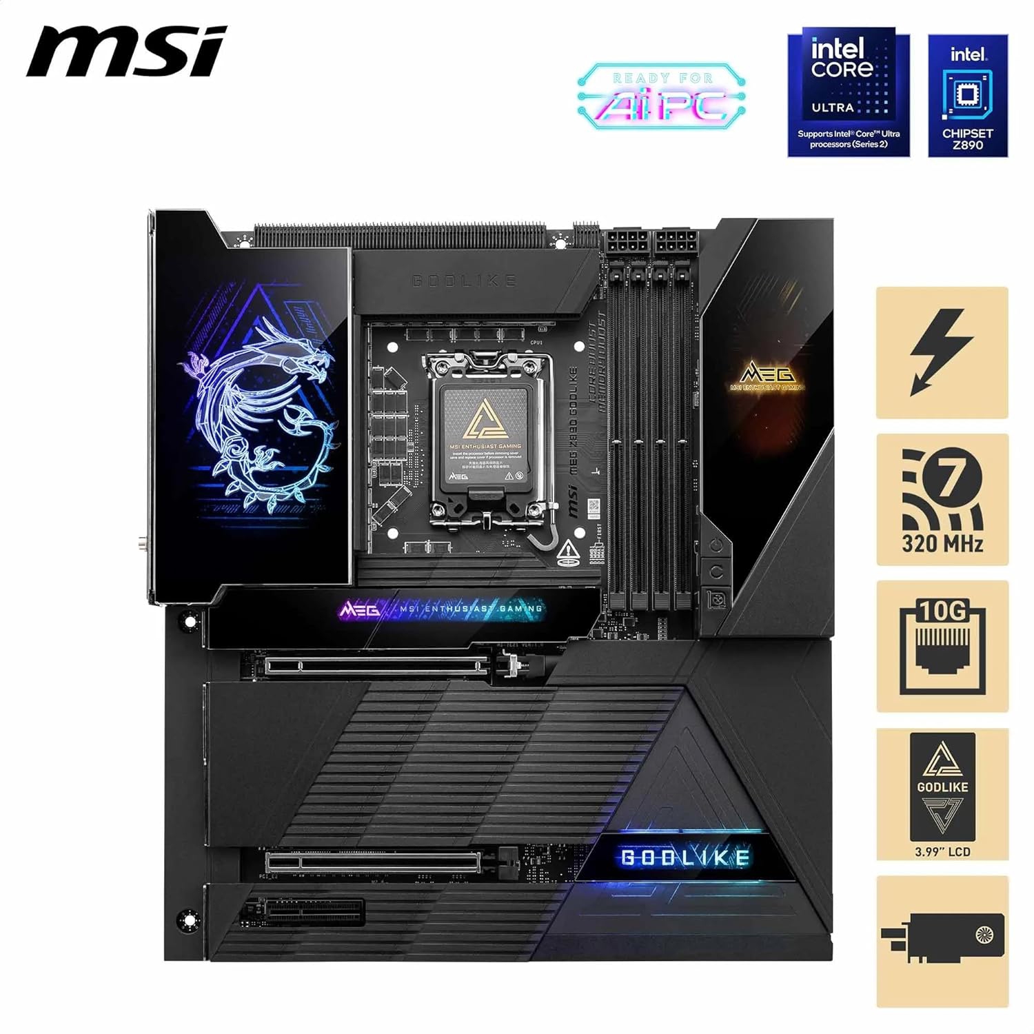 MEG Z890 GODLIKE de MSI, E-ATX - Processeurs Intel Core Ultra, LGA 1851 - Dynamic Dashboard III, EZ Slide M.2, DDR5 (9200+ MT/s OC), M.2 et PCIe 5,0,