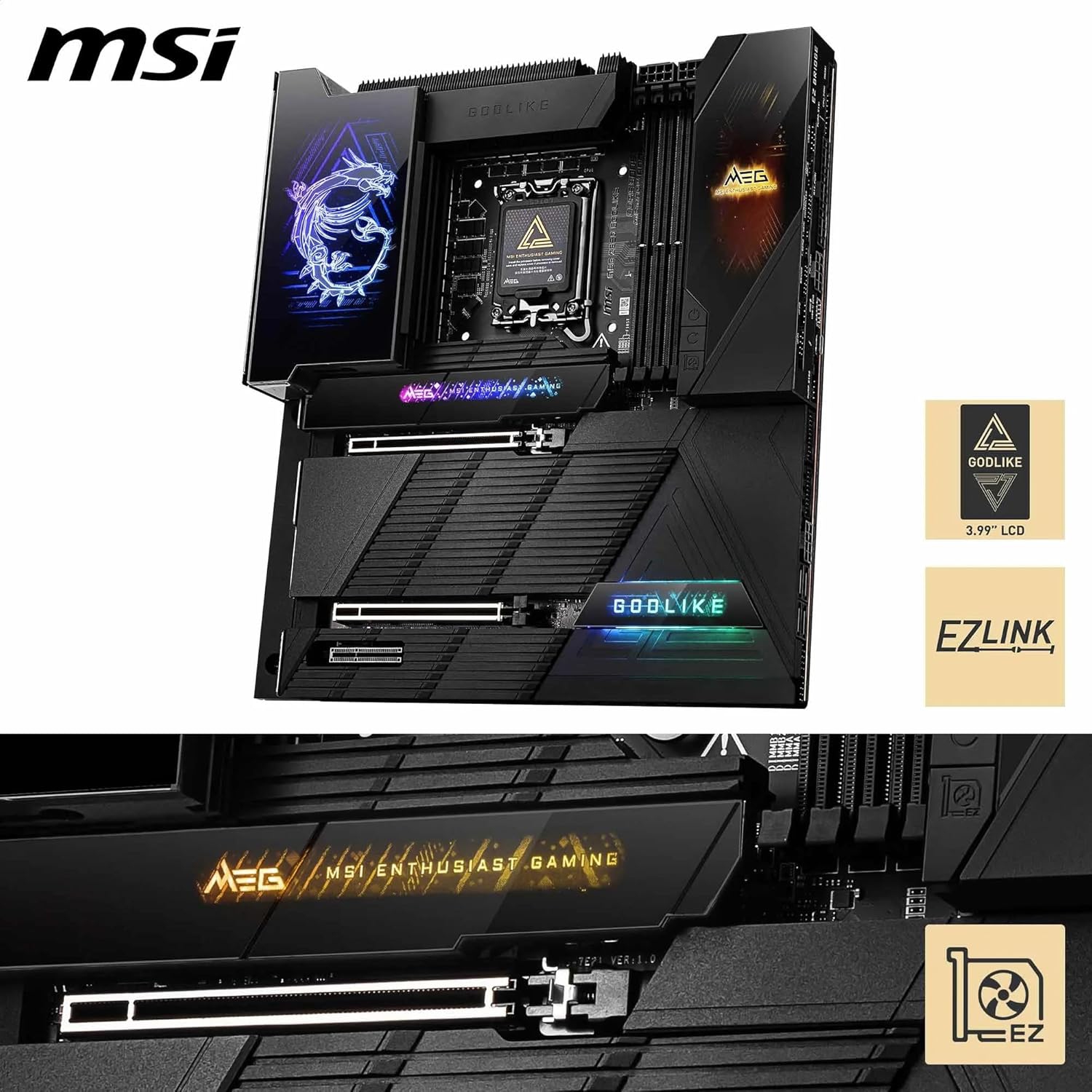 MEG Z890 GODLIKE de MSI, E-ATX - Processeurs Intel Core Ultra, LGA 1851 - Dynamic Dashboard III, EZ Slide M.2, DDR5 (9200+ MT/s OC), M.2 et PCIe 5,0,