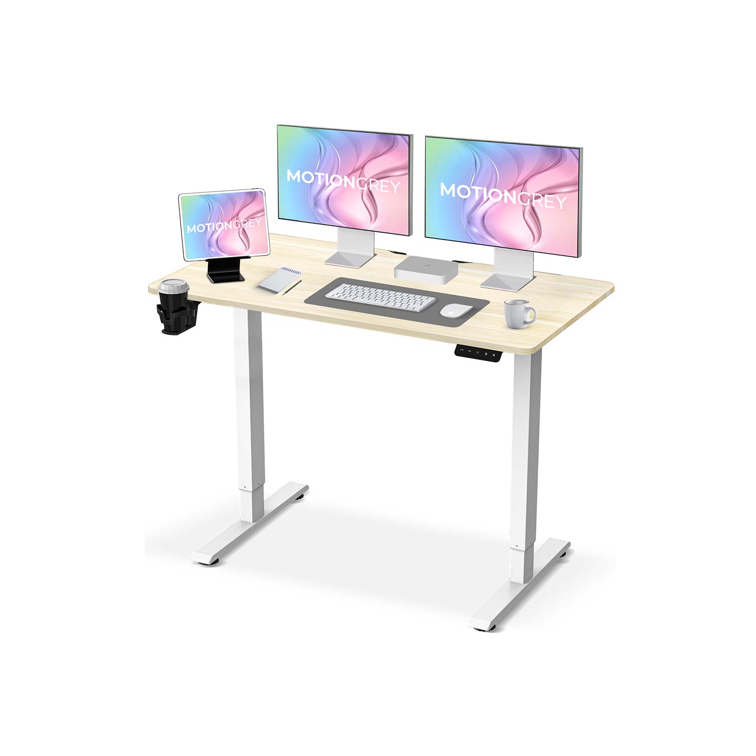 Bureau debout électrique ajustable MotionGrey avec réglages de mémoire - Cadre blanc supérieur brun clair 43 x 24&nbsp;po - Bureau ergonomique pour
