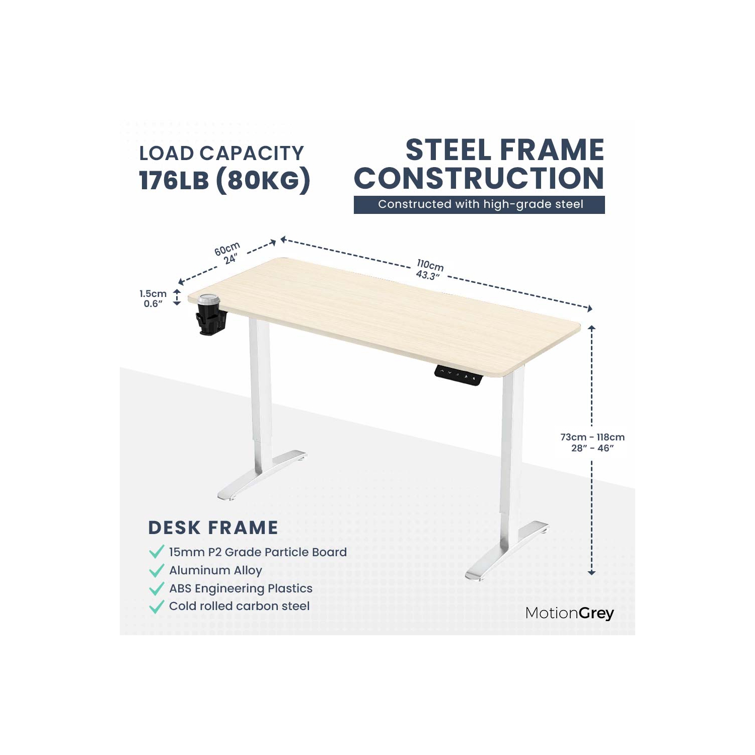 Bureau debout électrique ajustable MotionGrey avec réglages de mémoire - Cadre blanc supérieur brun clair 43 x 24&nbsp;po - Bureau ergonomique pour