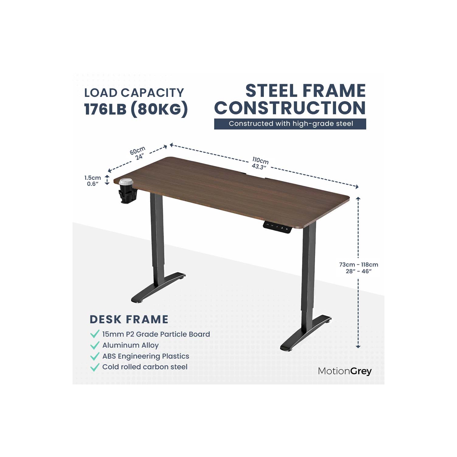 MotionGrey Ergo2 - Adjustable Electric Standing Desk with Memory Settings - 43"x24" Dark Brown Top Black Frame - Ergonomic Sit-to-Stand Desk for Home