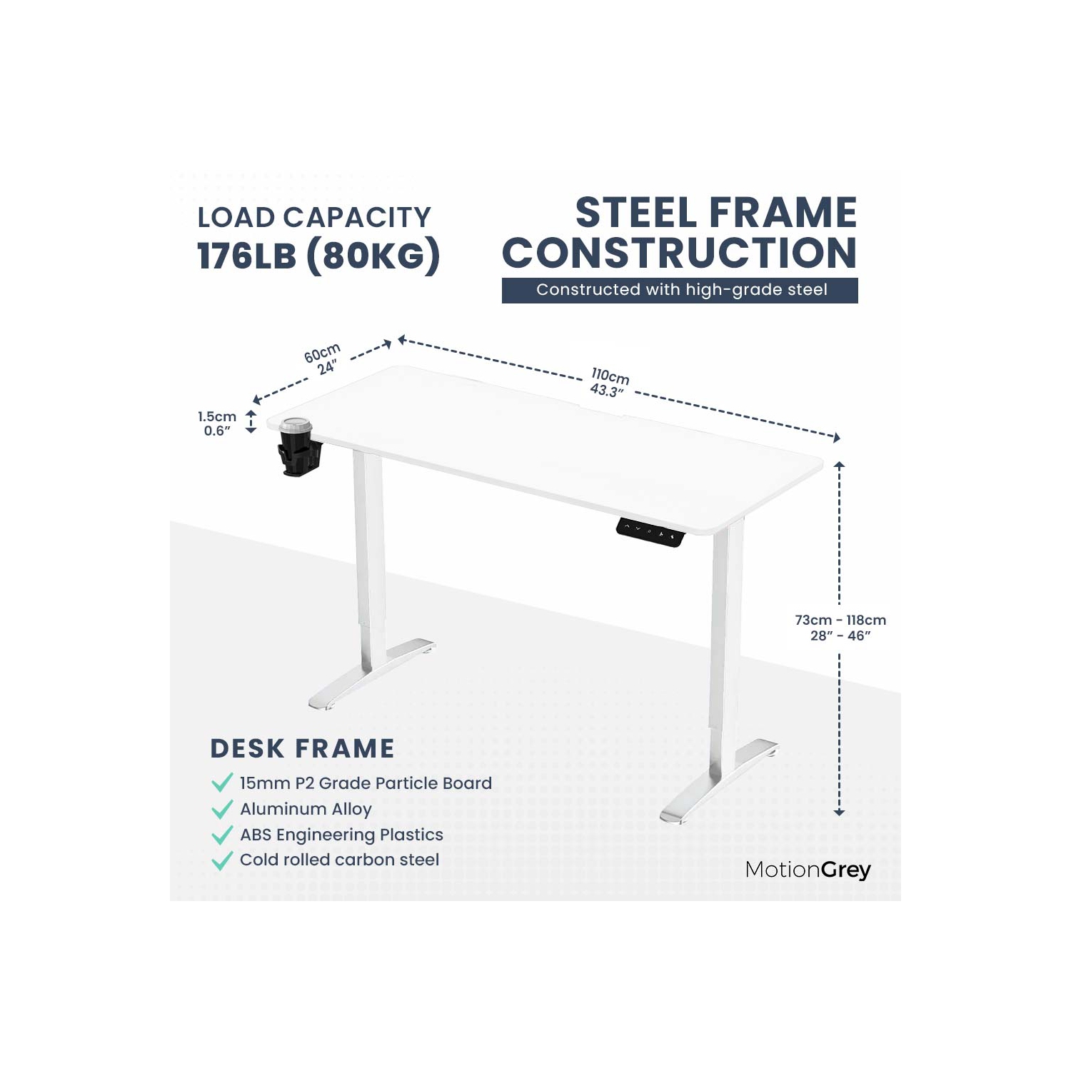 MotionGrey Ergo2 - Adjustable Electric Standing Desk with Memory Settings - 43"x24" White Top White Frame - Ergonomic Sit-to-Stand Desk for Home and