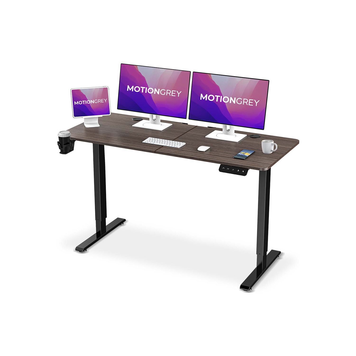 MotionGrey Ergo2 - Adjustable Electric Standing Desk with Memory Settings - 55"x24" Dark Brown Top Black Frame - Ergonomic Sit-to-Stand Desk for Home