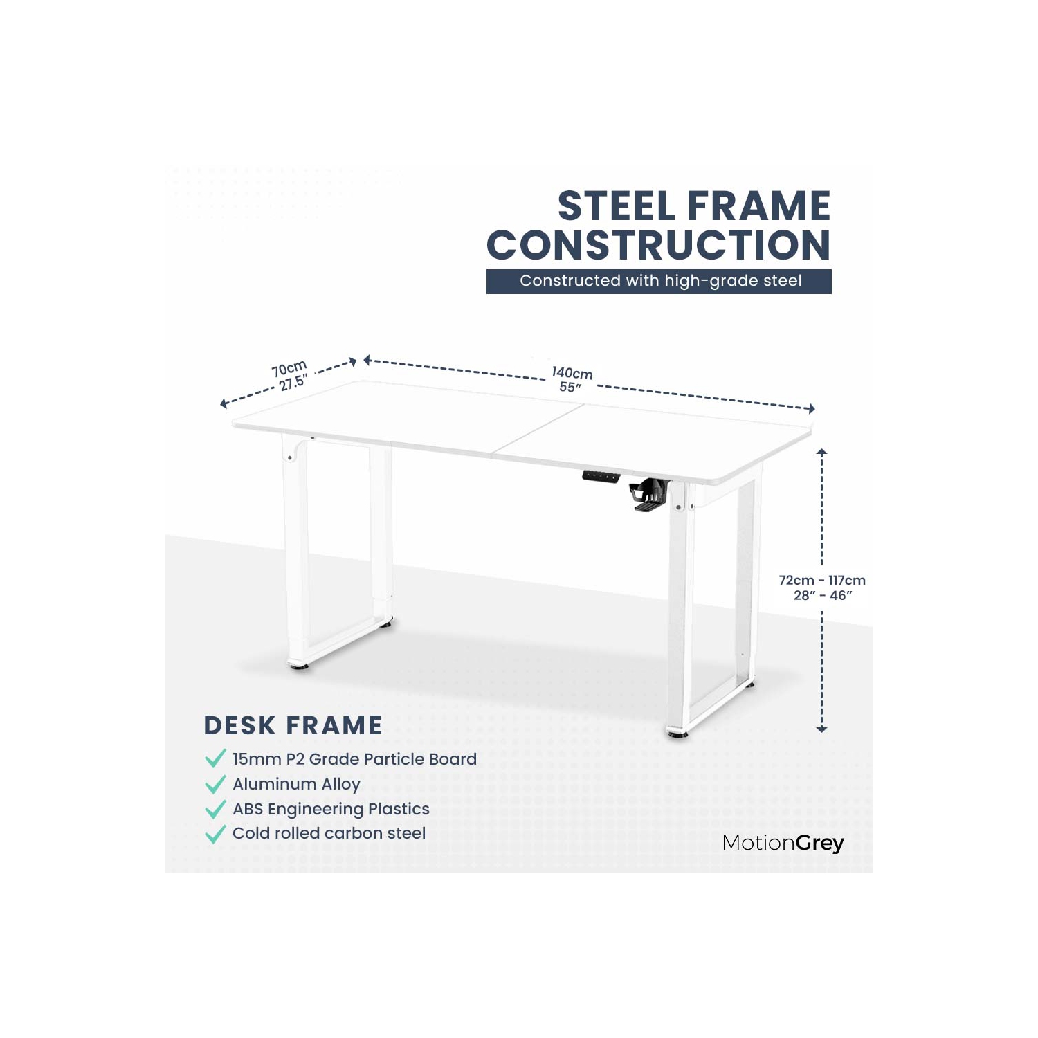 MotionGrey Ergo2 Pro - Adjustable Electric Standing Desk with Memory Settings - 55" x 28" White Top White Frame - Ergonomic Sit-to-Stand Desk for