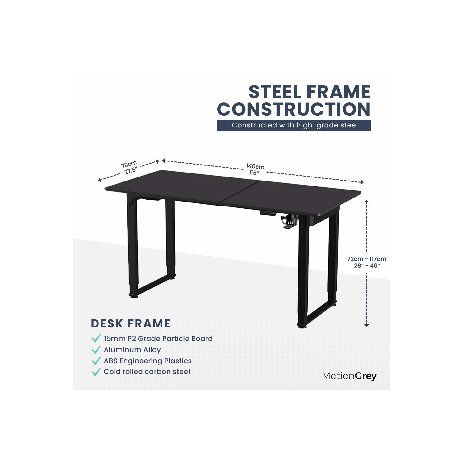 MotionGrey Ergo2 Pro - Adjustable Electric Standing Desk with Memory Settings - 55" x 28" Black Top Black Frame - Ergonomic Sit-to-Stand Desk for