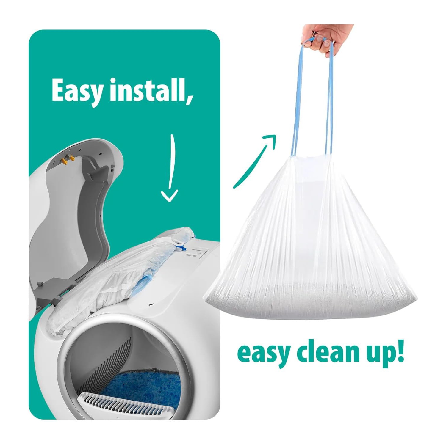 PurrTek Cat Litter Box Liners — LitterWrap Drawstring Bags for Automatic & Self-Cleaning Litter Boxes | Precision Fit, Jumbo Heavy-Duty, Leak-Proof,