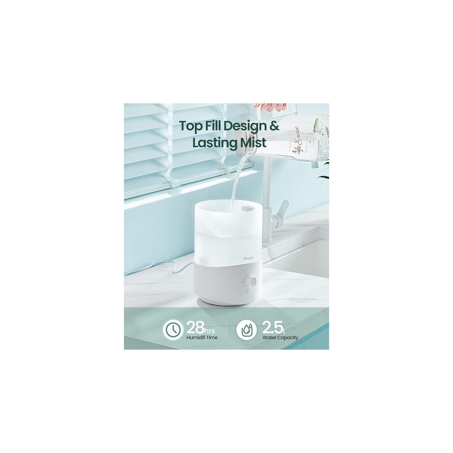 Pharata 2.5L Cool Mist Humidifier with Essential Oil Diffuser, Top Fill, Ultrasonic for Bedrooms and Large Rooms, Auto Shut-Off.