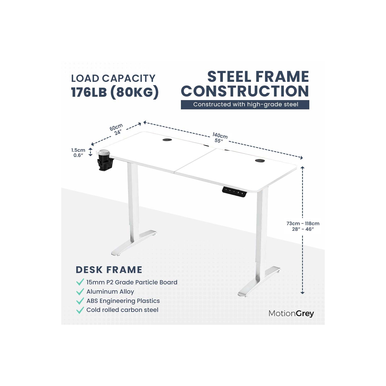MotionGrey Ergo2 - Adjustable Electric Standing Desk with Memory Settings - 55"x24" White Top White Frame - Ergonomic Sit-to-Stand Desk for Home and