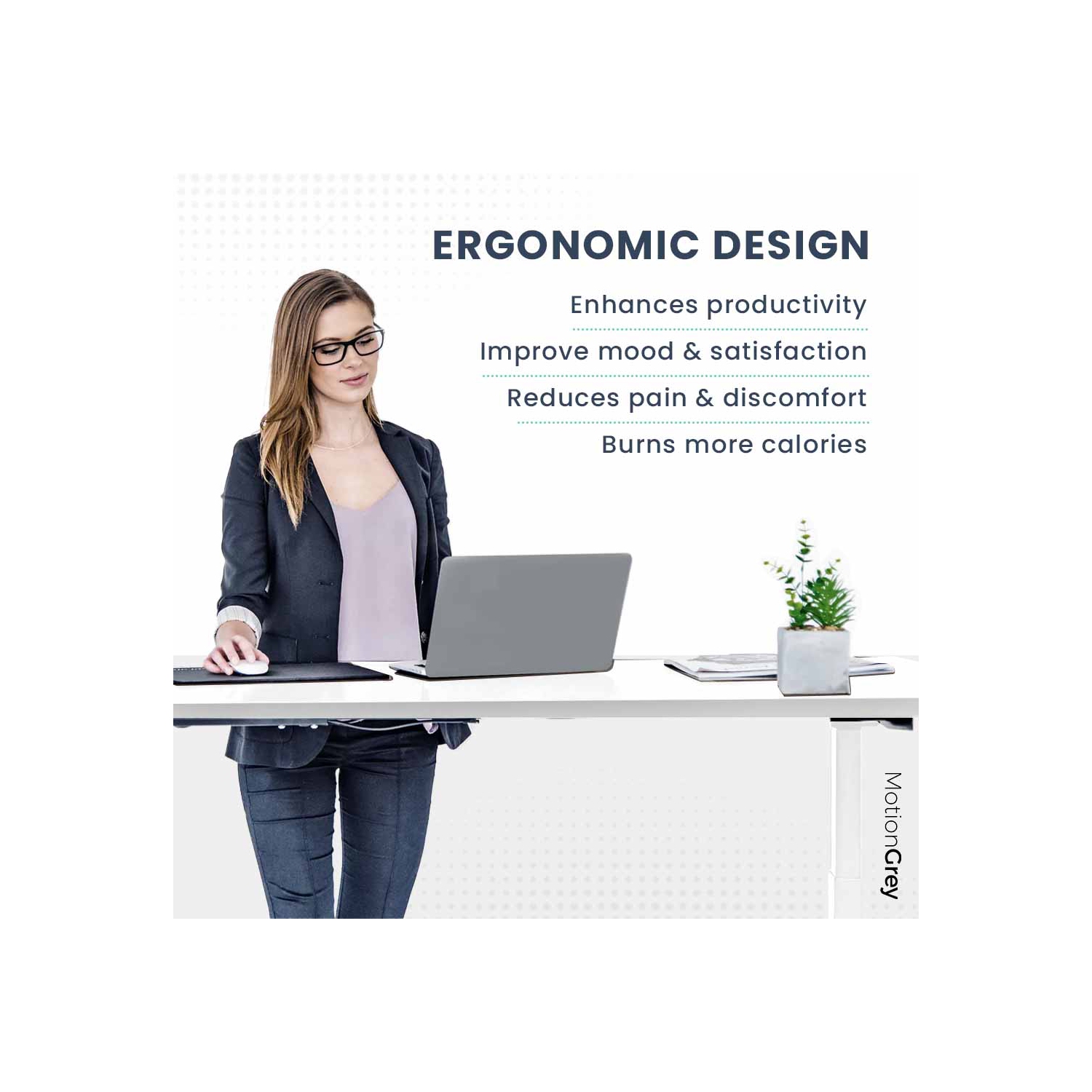 MotionGrey Ergo2 - Adjustable Electric Standing Desk with Memory Settings - 55"x24" White Top White Frame - Ergonomic Sit-to-Stand Desk for Home and