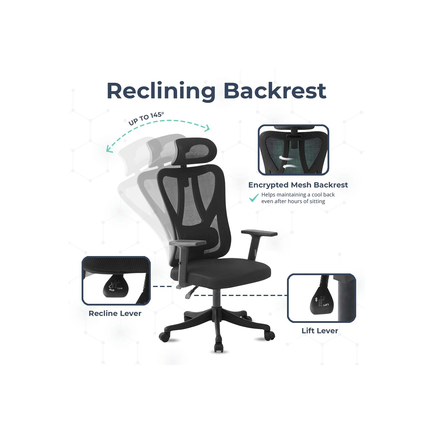 MotionGrey MC3 Ergonomic Office Chair - Comfy High Mesh Back Support with Adjustable Armrests - Black Desk Computer Chairs Perfect for Home Gaming