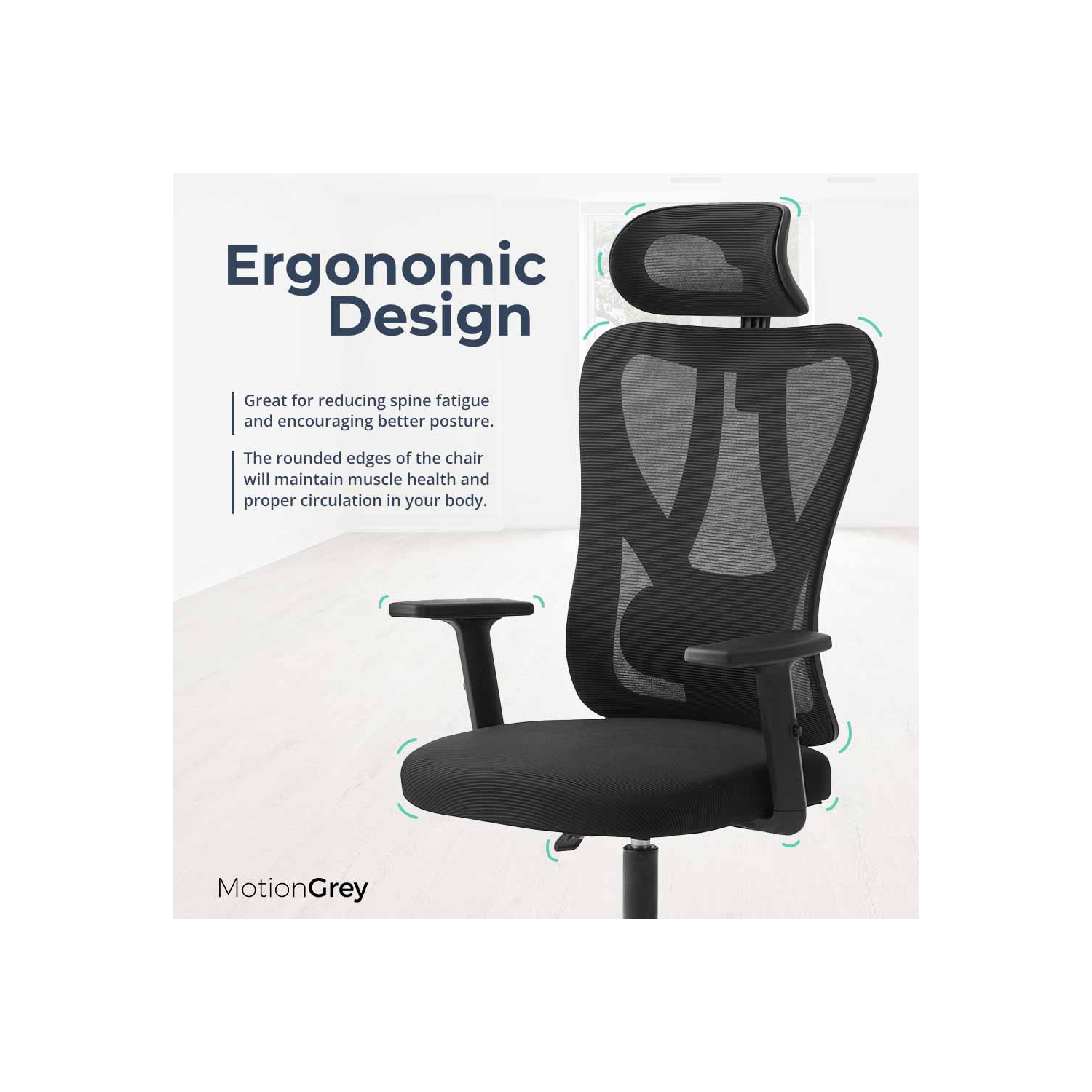 MotionGrey MC3 Ergonomic Office Chair - Comfy High Mesh Back Support with Adjustable Armrests - Black Desk Computer Chairs Perfect for Home Gaming
