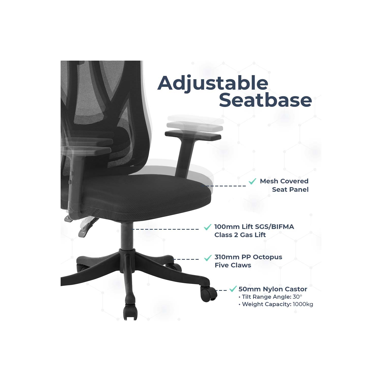 MotionGrey MC3 Ergonomic Office Chair - Comfy High Mesh Back Support with Adjustable Armrests - Black Desk Computer Chairs Perfect for Home Gaming