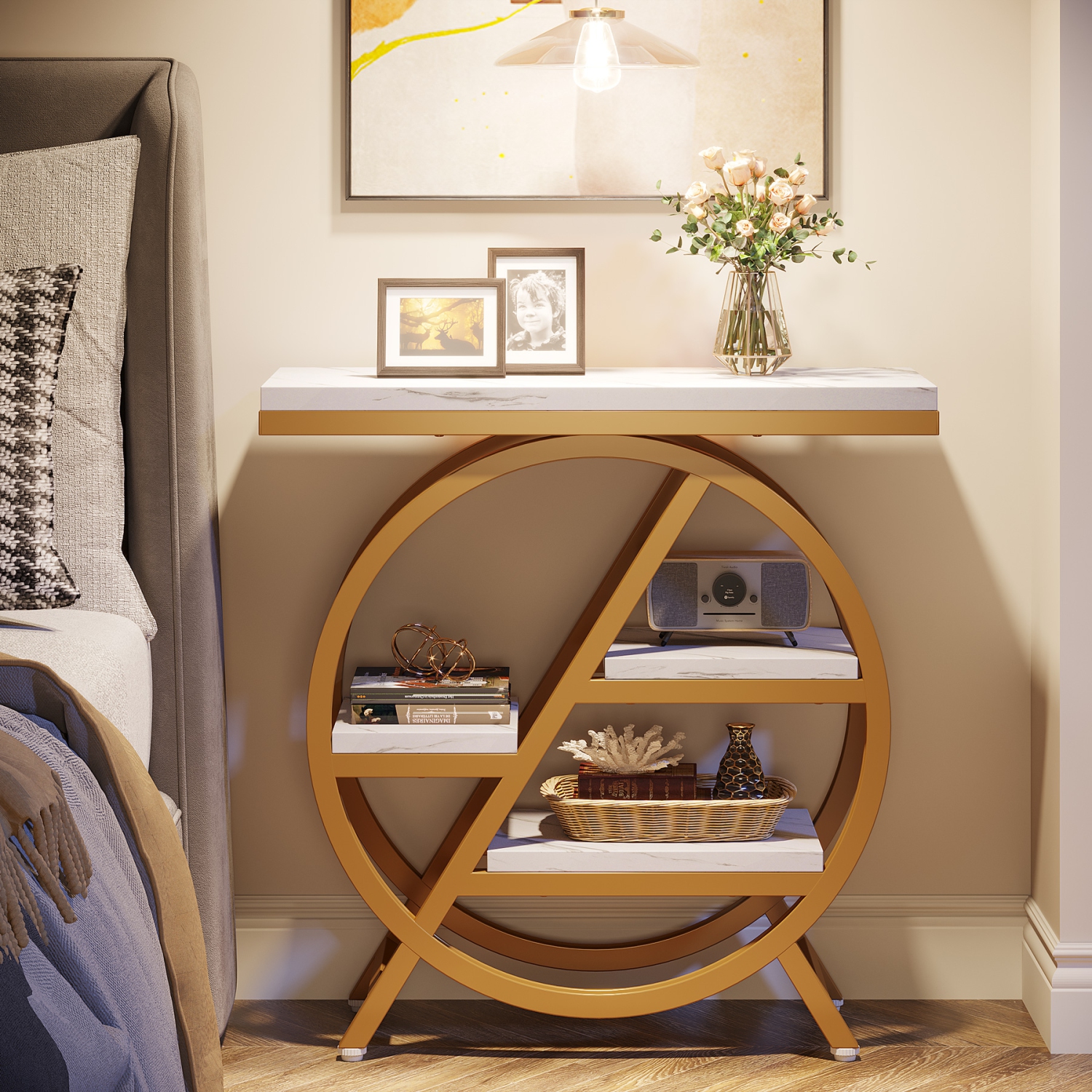 Tribesigns 3-Tier End Table, Wood Sofa Side Table with Geometric Metal Frame for Living Room Bedroom