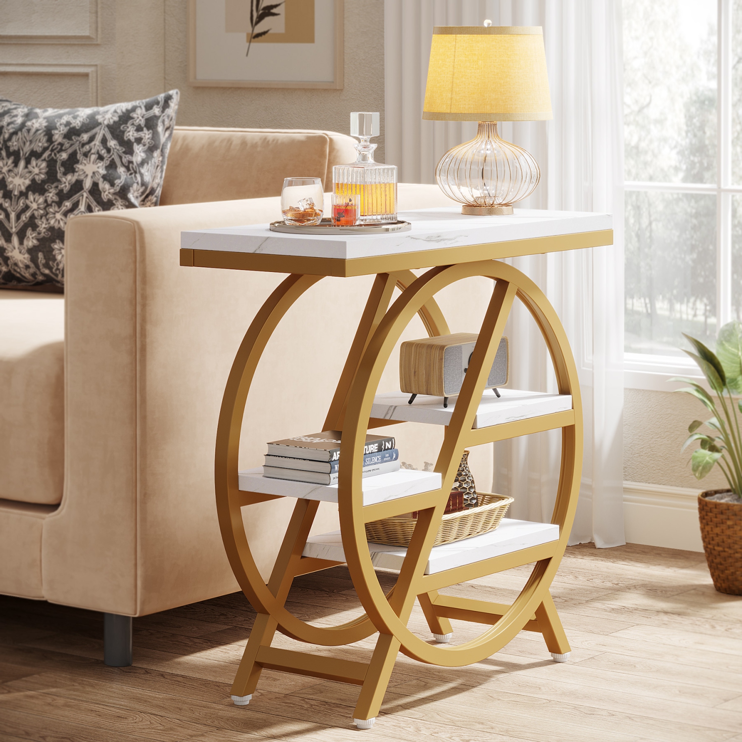 Tribesigns 3-Tier End Table, Wood Sofa Side Table with Geometric Metal Frame for Living Room Bedroom