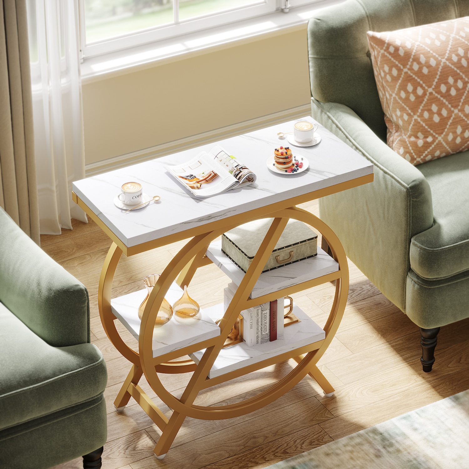 Tribesigns 3-Tier End Table, Wood Sofa Side Table with Geometric Metal Frame for Living Room Bedroom