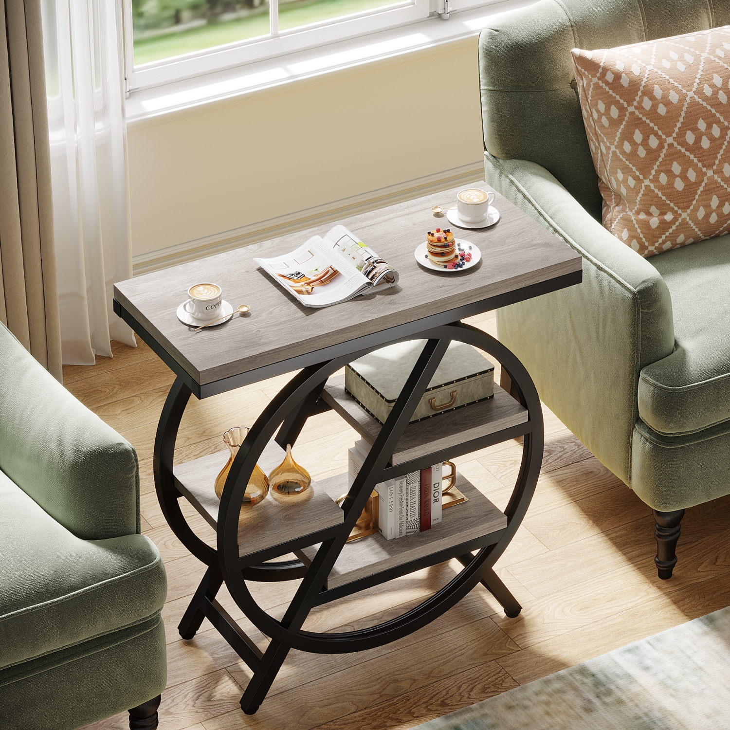 Tribesigns – Table de bout à 3 niveaux, table d'appoint de canapé en bois avec cadre géométrique en métal pour la chambre à coucher du salon