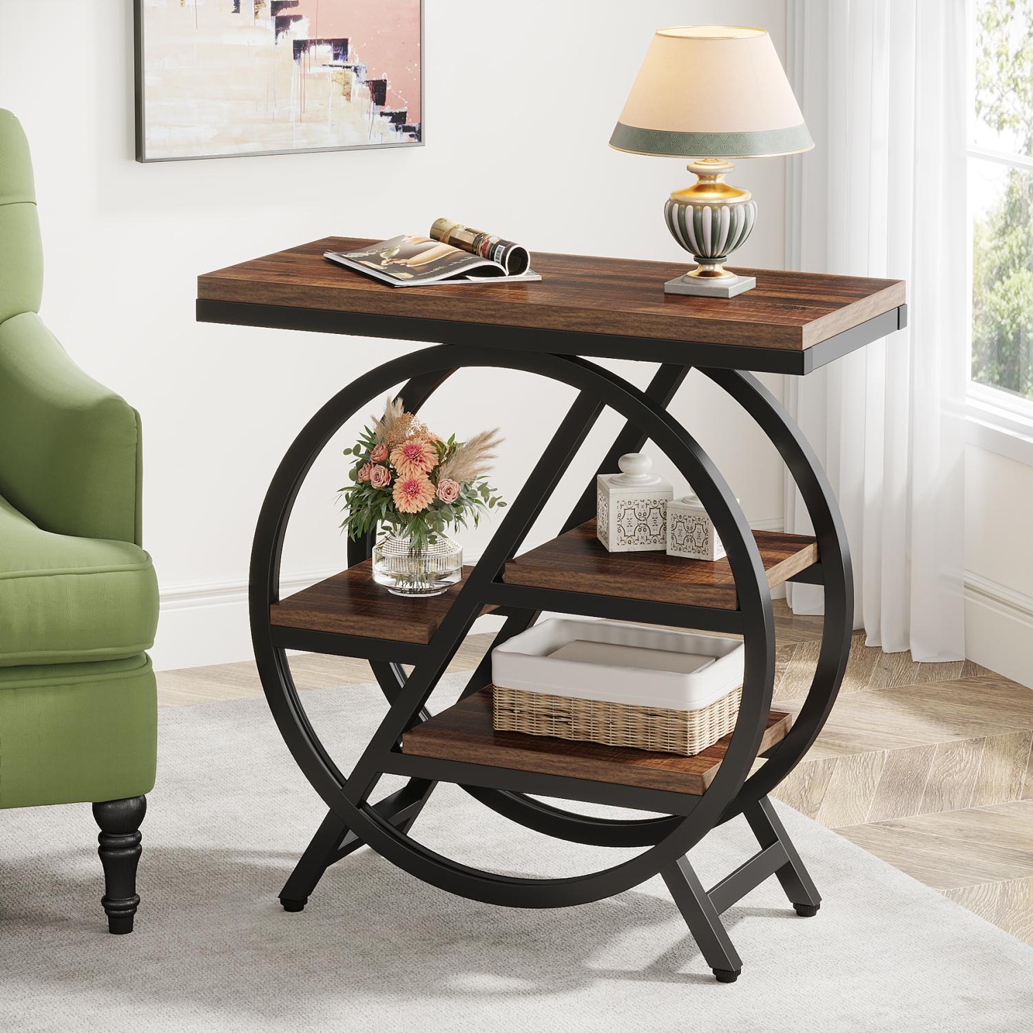 Tribesigns 3-Tier End Table, Wood Sofa Side Table with Geometric Metal Frame for Living Room Bedroom