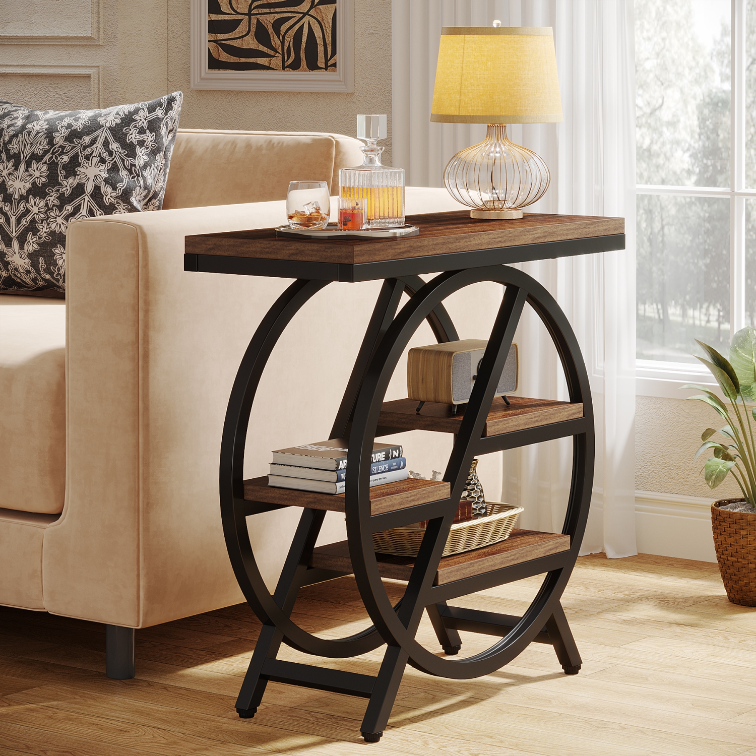 Tribesigns 3-Tier End Table, Wood Sofa Side Table with Geometric Metal Frame for Living Room Bedroom