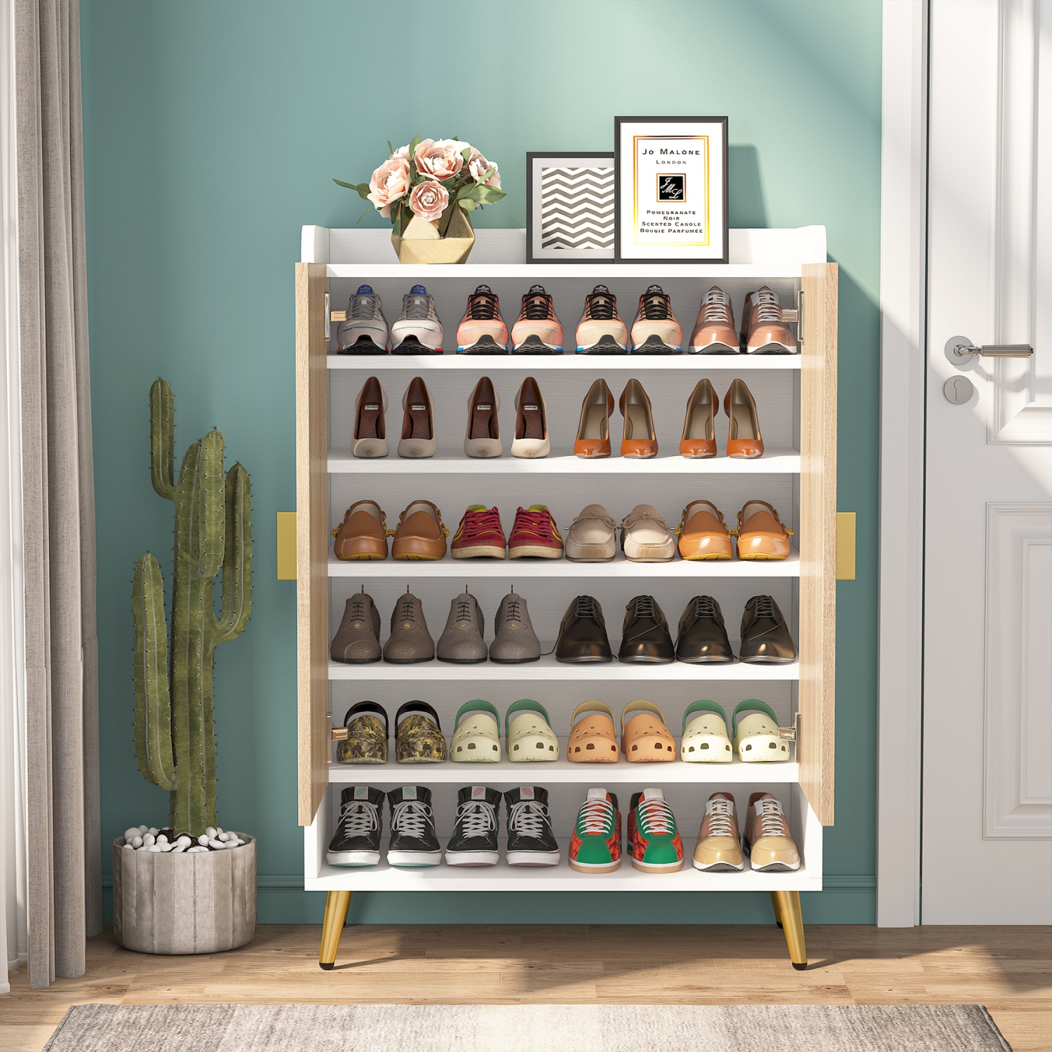 Tribesigns 7-Tier Shoe Cabinet with Doors, Wood Shoe Storage Rack with Adjustable Shelf for Entryway Hallway Living Room