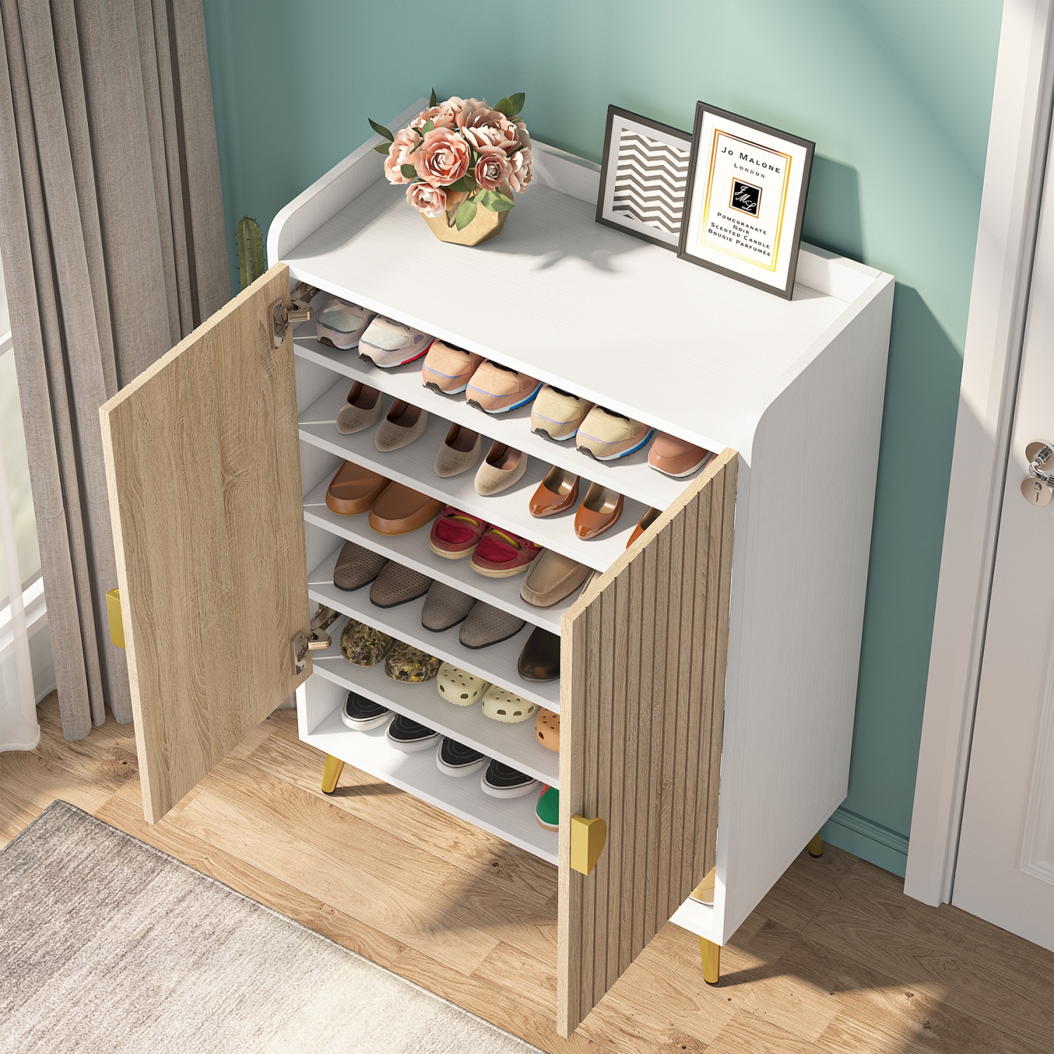 Tribesigns 7-Tier Shoe Cabinet with Doors, Wood Shoe Storage Rack with Adjustable Shelf for Entryway Hallway Living Room