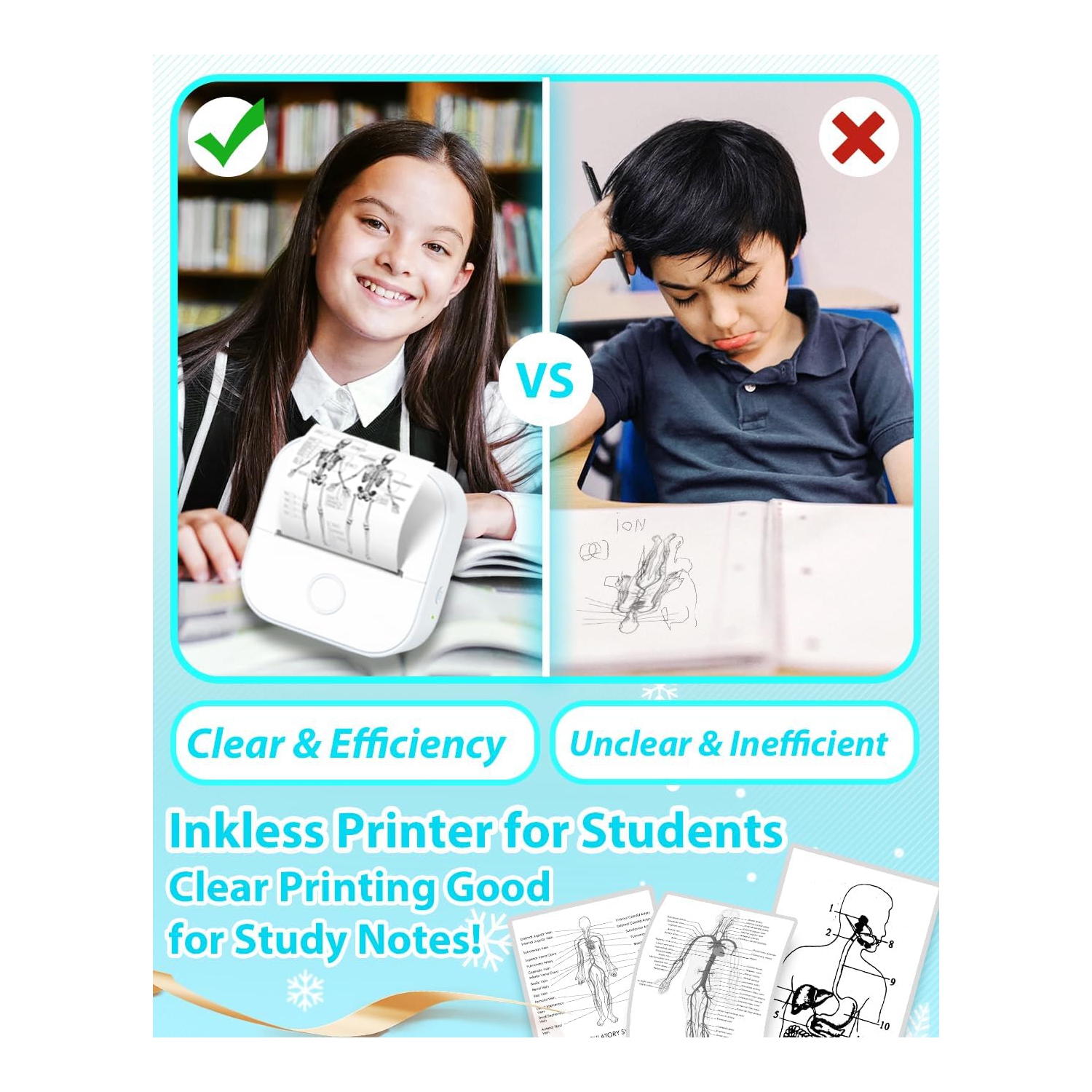 Imprimante thermique portative Mini-imprimante thermique sans encre T02 de Phomemo pour graphiques d'étude, diagrammes anatomiques, photos, étudiants