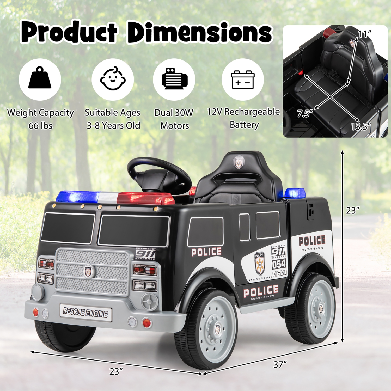 Gymax Kids Ride on Police Car w/ 3 Speeds Megaphone Music FM Radio Flashing Lights