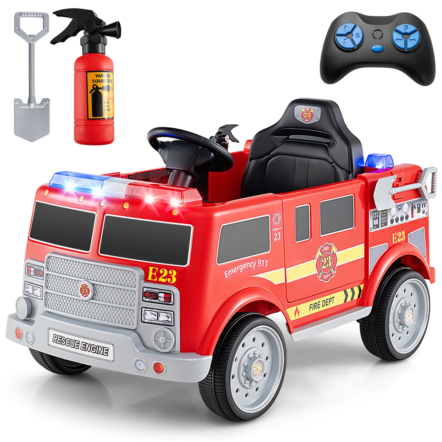Gymax Kids Ride on Fire Truck 12V Battery Powered Electric Vehicle w/ 3 Speeds