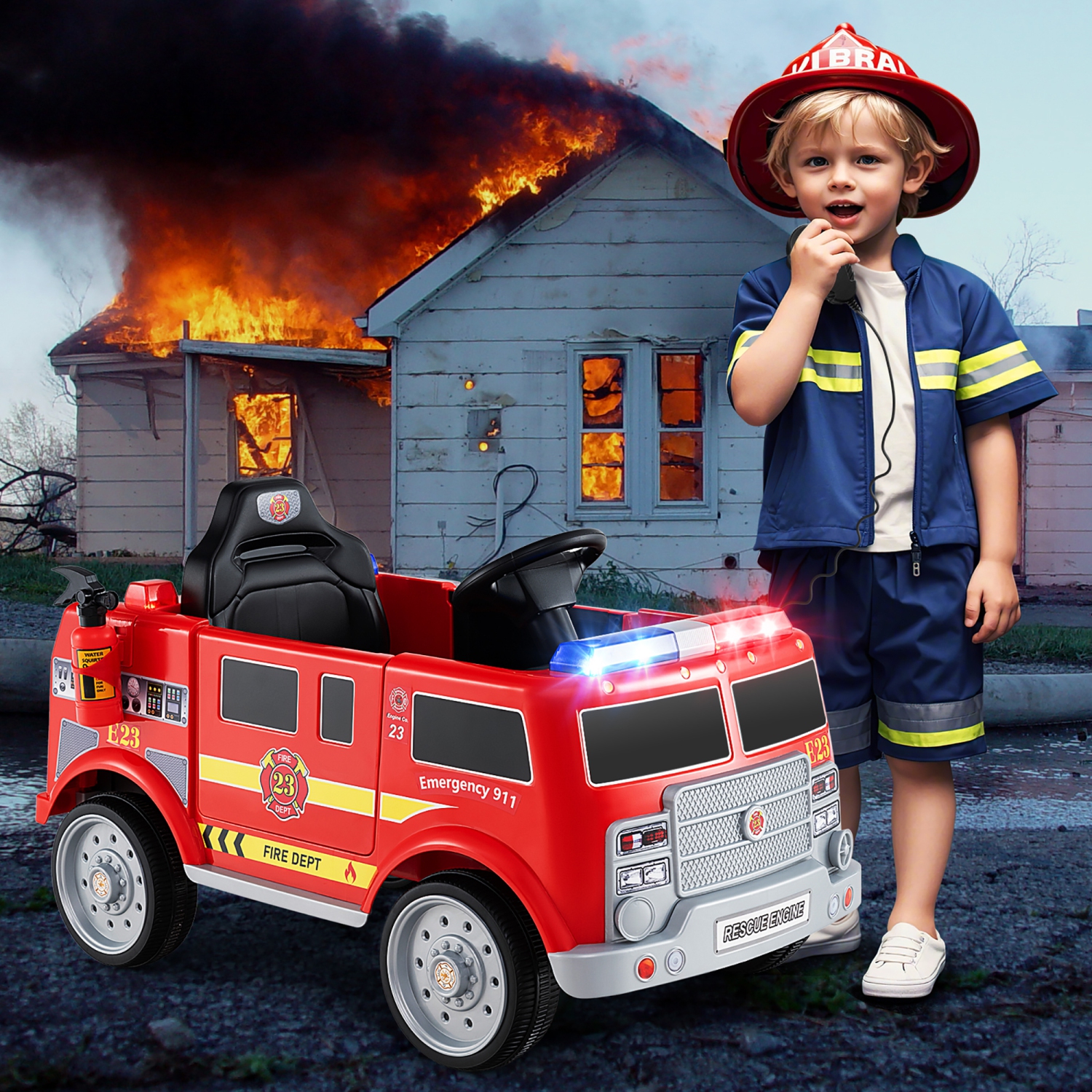 Gymax Kids Ride on Fire Truck 12V Battery Powered Electric Vehicle w/ 3 Speeds