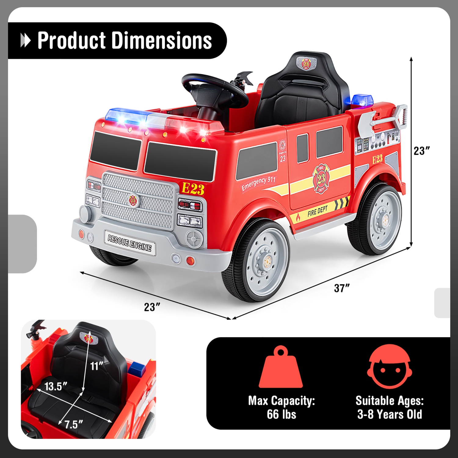 Gymax Kids Ride on Fire Truck 12V Battery Powered Electric Vehicle w/ 3 Speeds