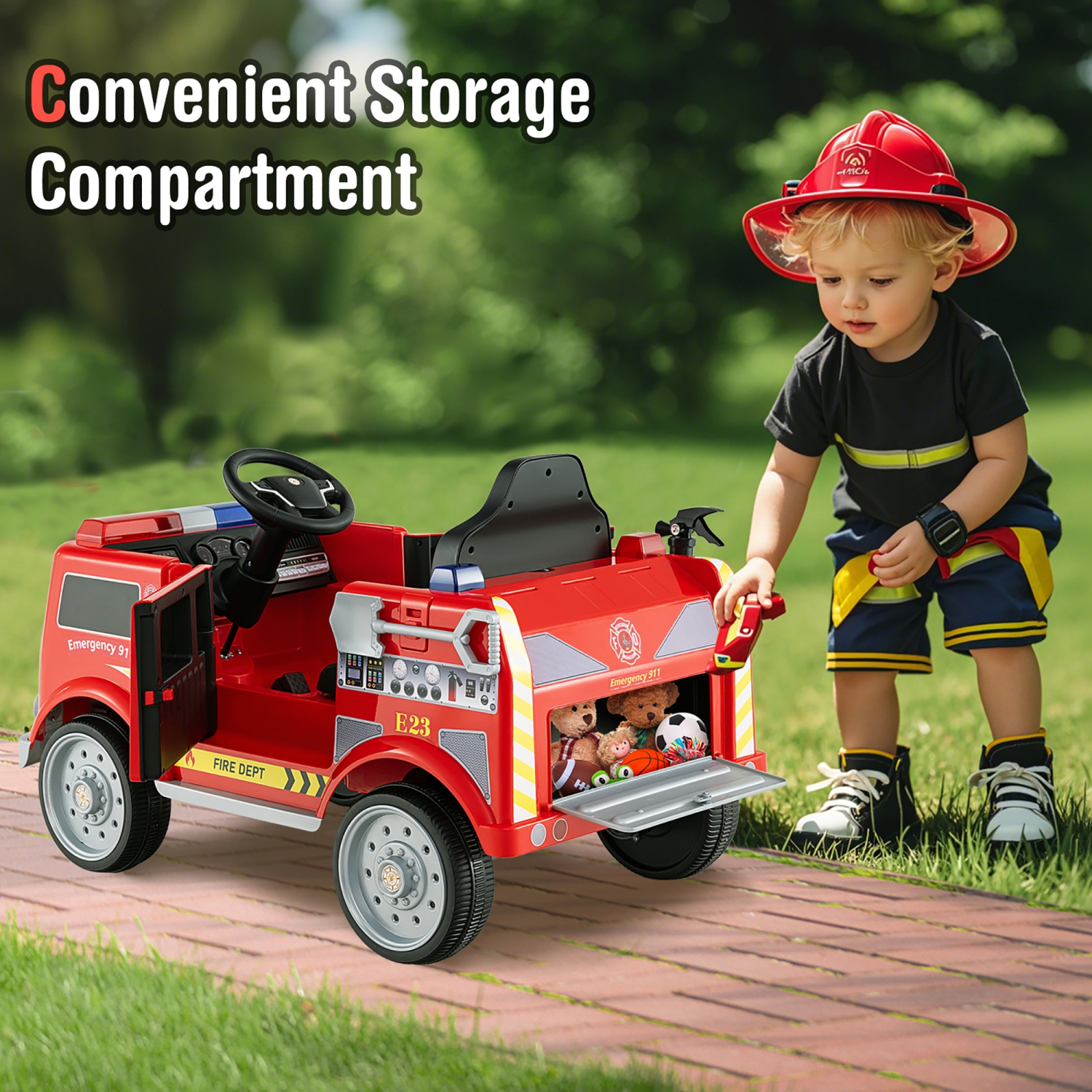 Gymax Kids Ride on Fire Truck 12V Battery Powered Electric Vehicle w/ 3 Speeds