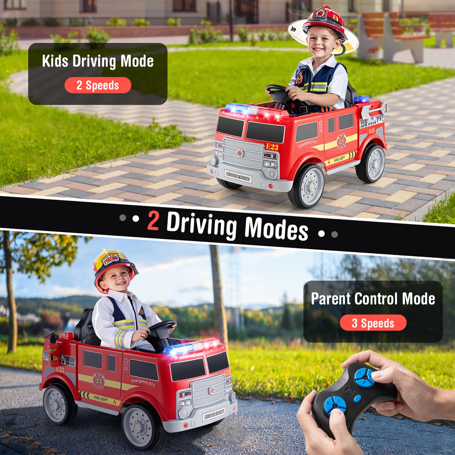 Gymax Kids Ride on Fire Truck 12V Battery Powered Electric Vehicle w/ 3 Speeds