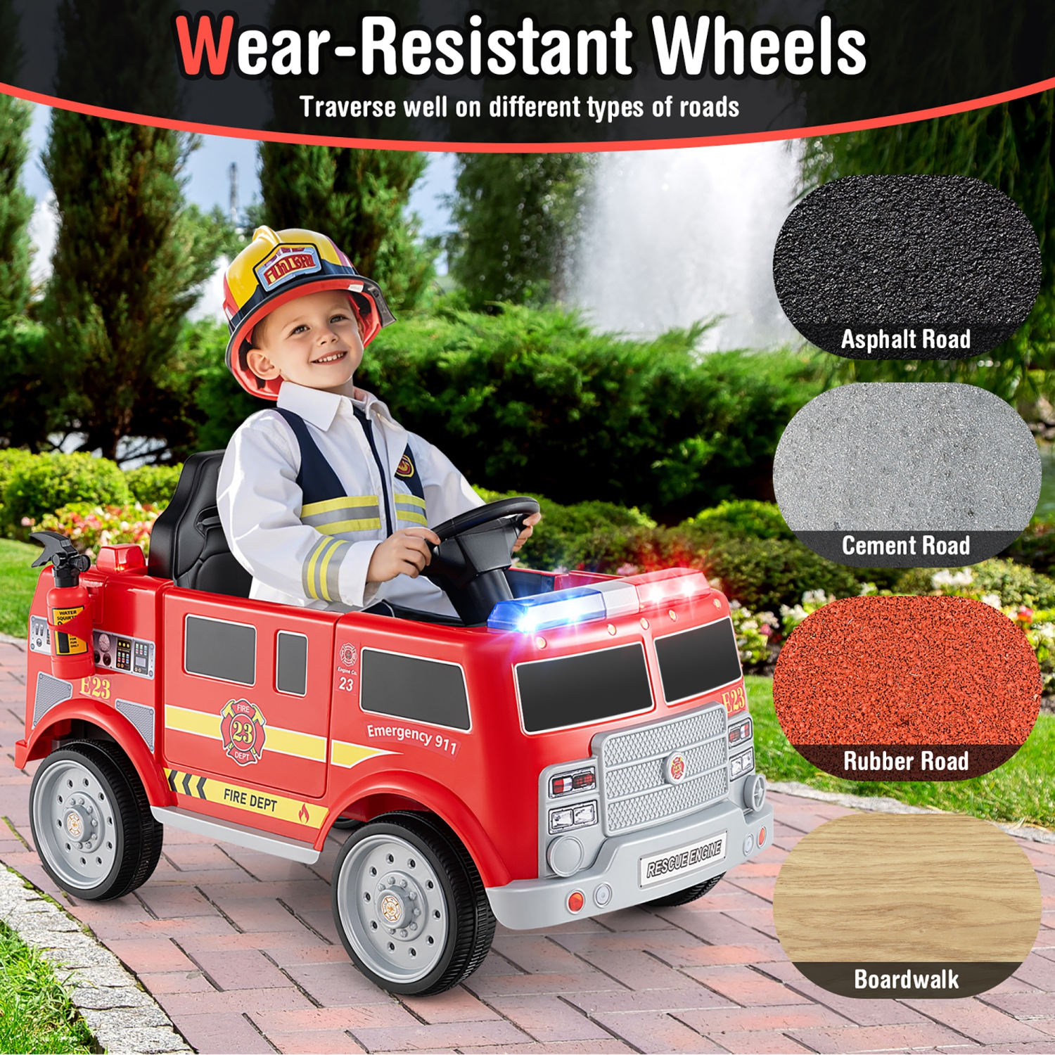 Gymax Kids Ride on Fire Truck 12V Battery Powered Electric Vehicle w/ 3 Speeds