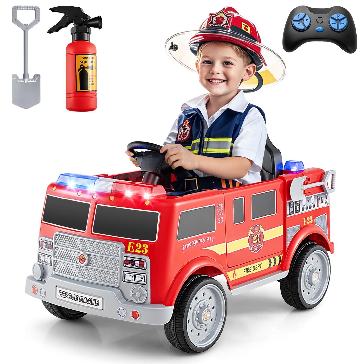 Gymax Kids Ride on Fire Truck 12V Battery Powered Electric Vehicle w/ 3 Speeds
