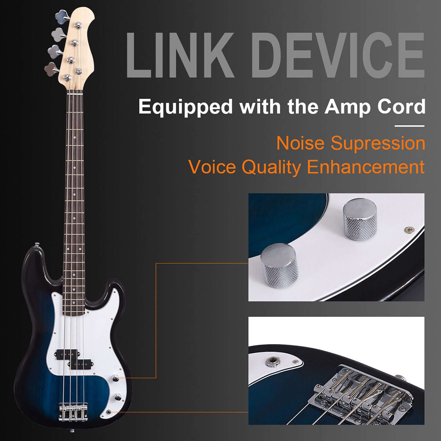 Costway Blue Full Size 4 String Electric Bass Guitar with Strap Guitar Bag Amp Cord