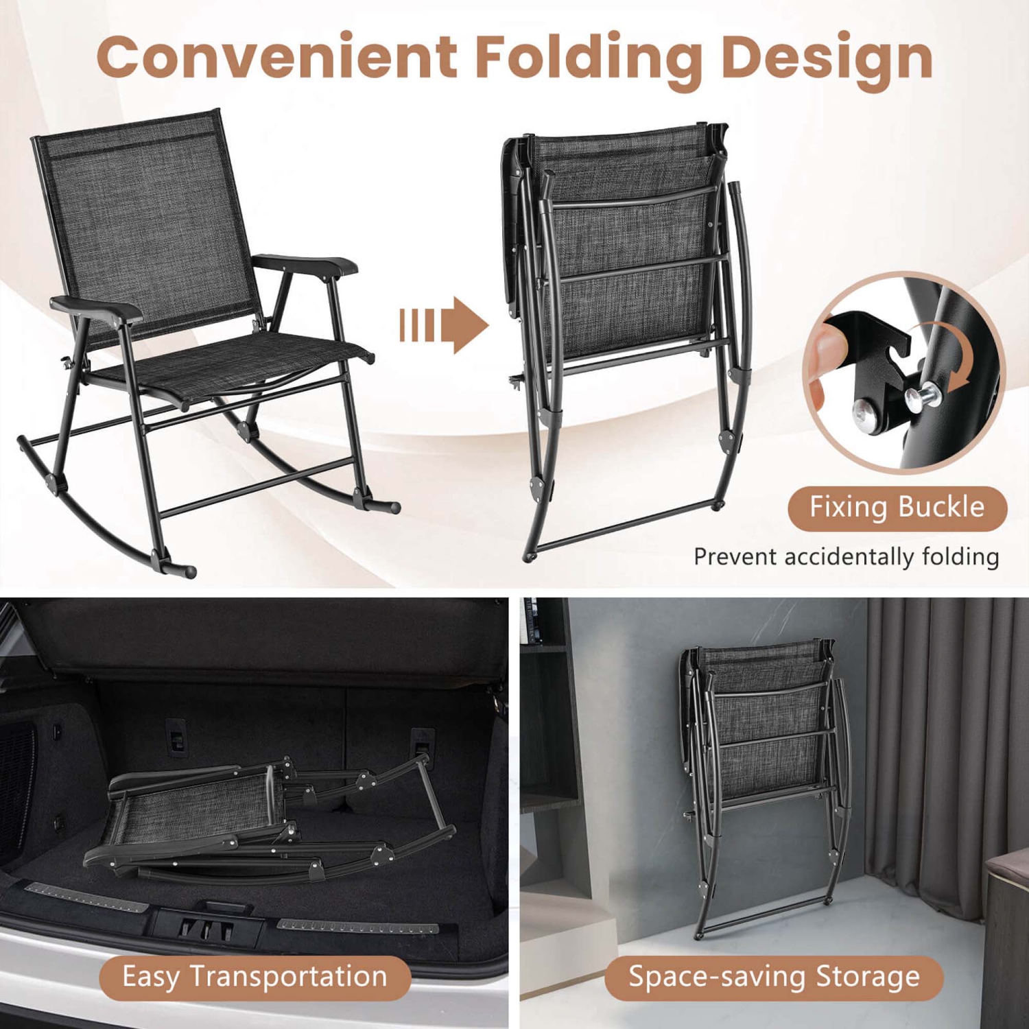 Gymax 4pcs Patio Folding Rocking Chair Heavy-Duty Metal Frame Rockers Outdoor