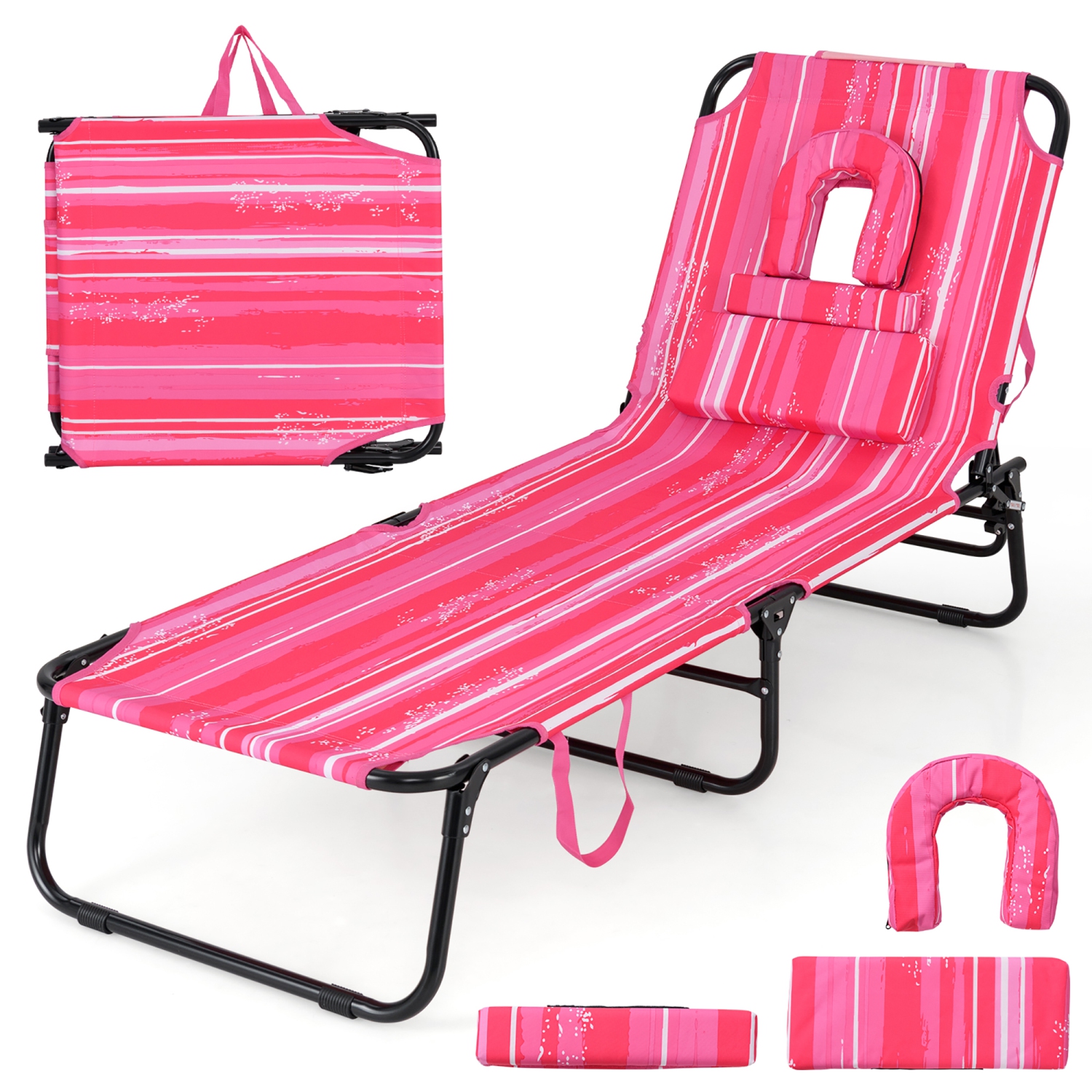 Gymax Beach Chaise Lounge Chair w/ 5-Position Adjustable Backrest & Face Hole Pillows Pink