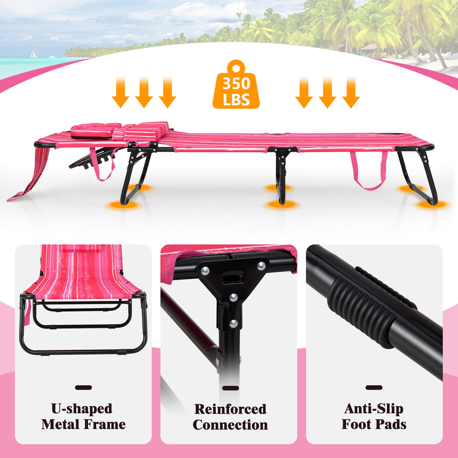 Gymax Beach Chaise Lounge Chair w/ 5-Position Adjustable Backrest & Face Hole Pillows Pink