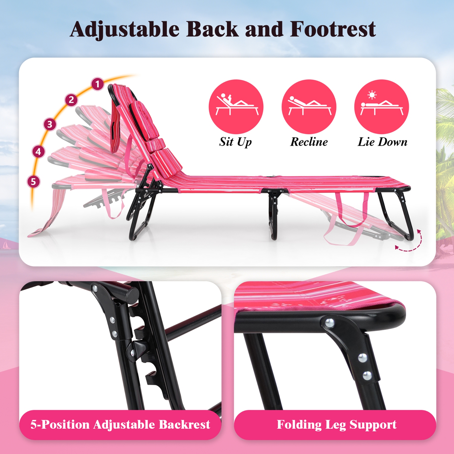 Gymax Beach Chaise Lounge Chair w/ 5-Position Adjustable Backrest & Face Hole Pillows Pink